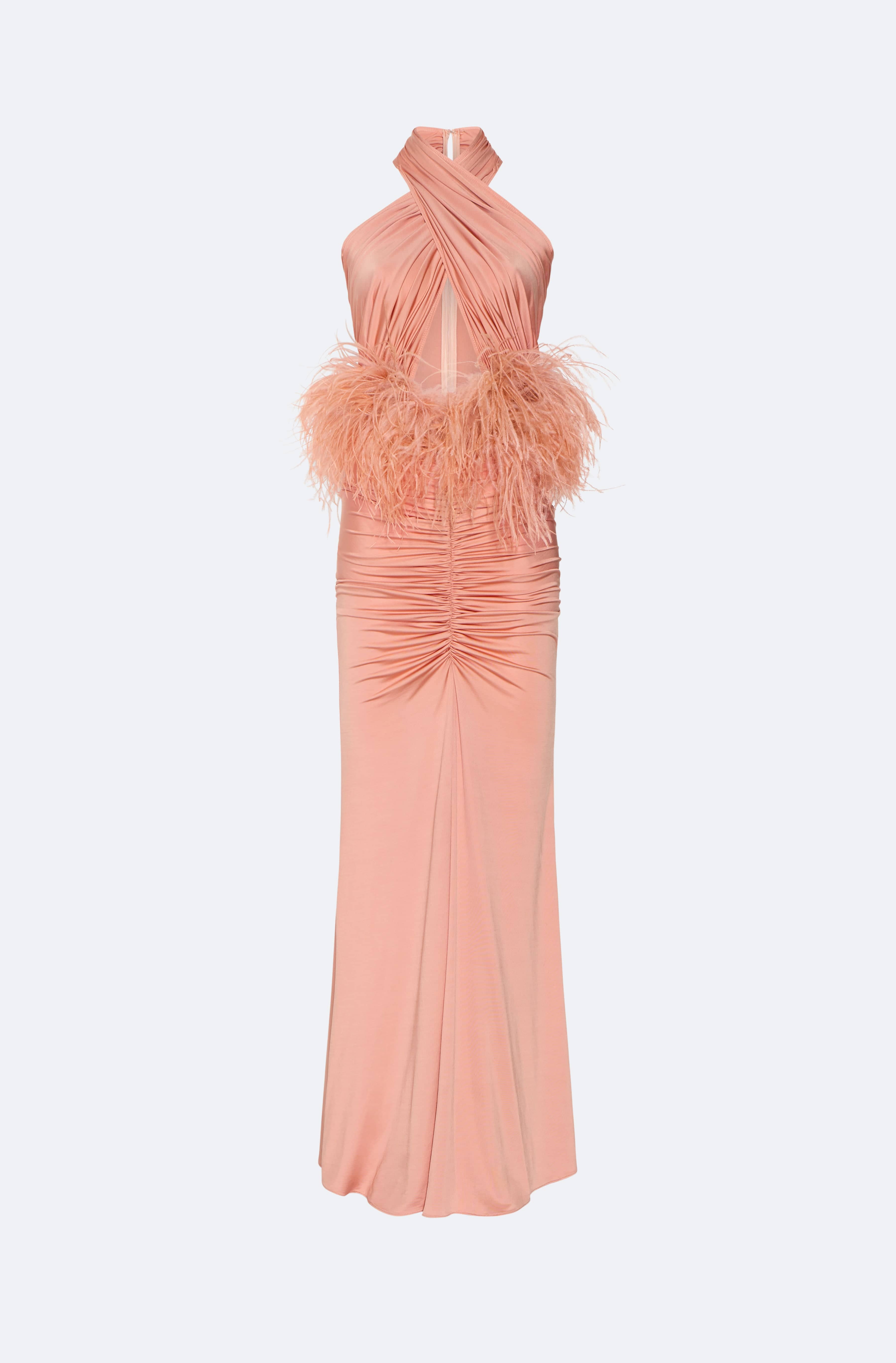 Jersey Sleeveless Halter Ruched Gown With Feathers