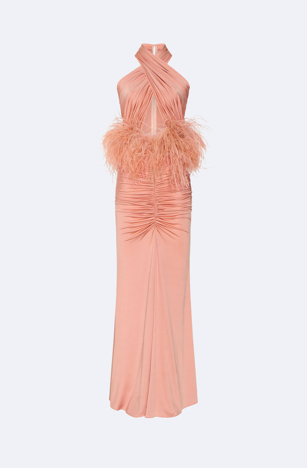 Jersey Sleeveless Halter Ruched Gown With Feathers - LAPOINTE