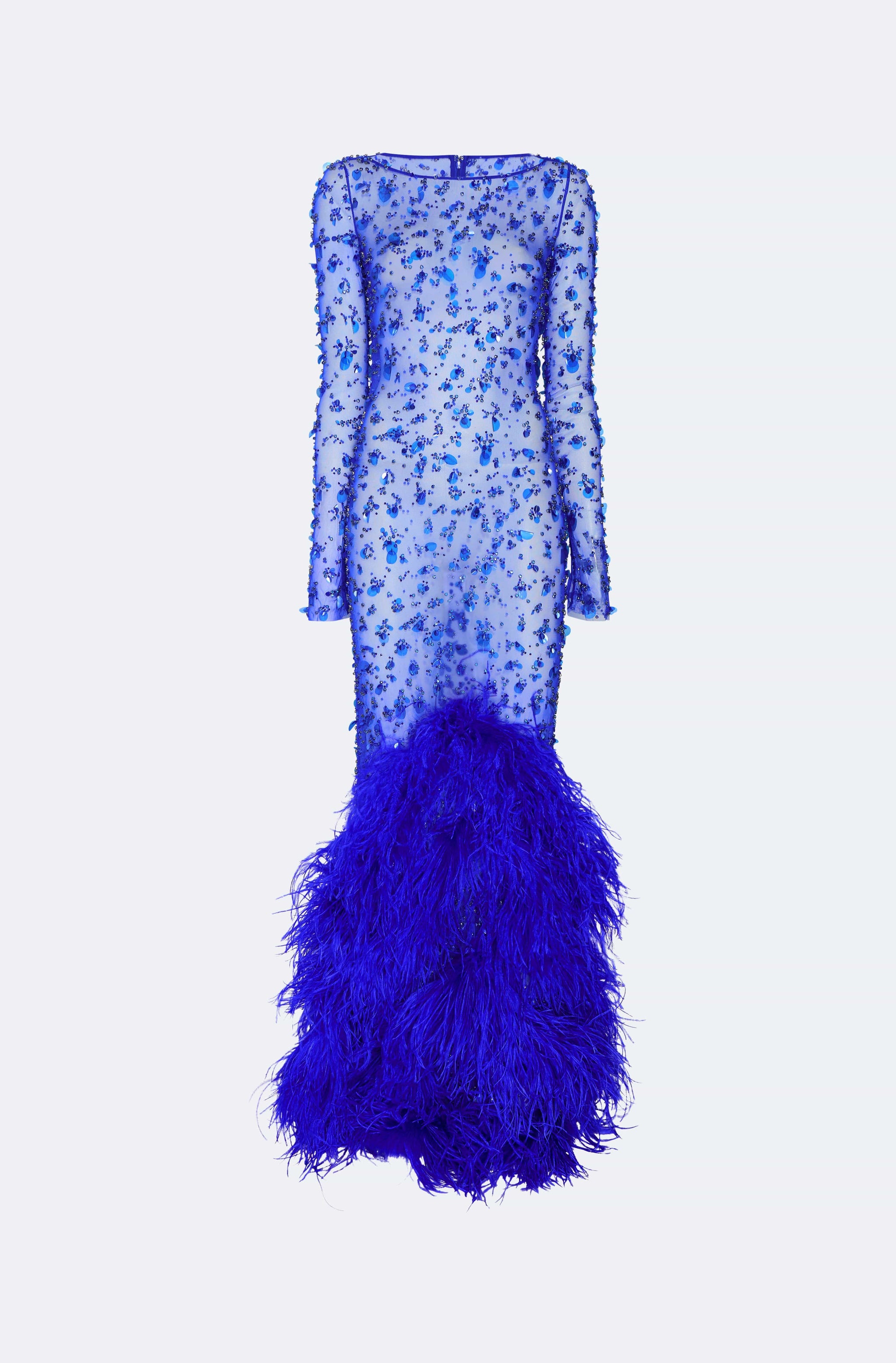 Embroidered Mesh Boatneck Gown With Feathers - LAPOINTE