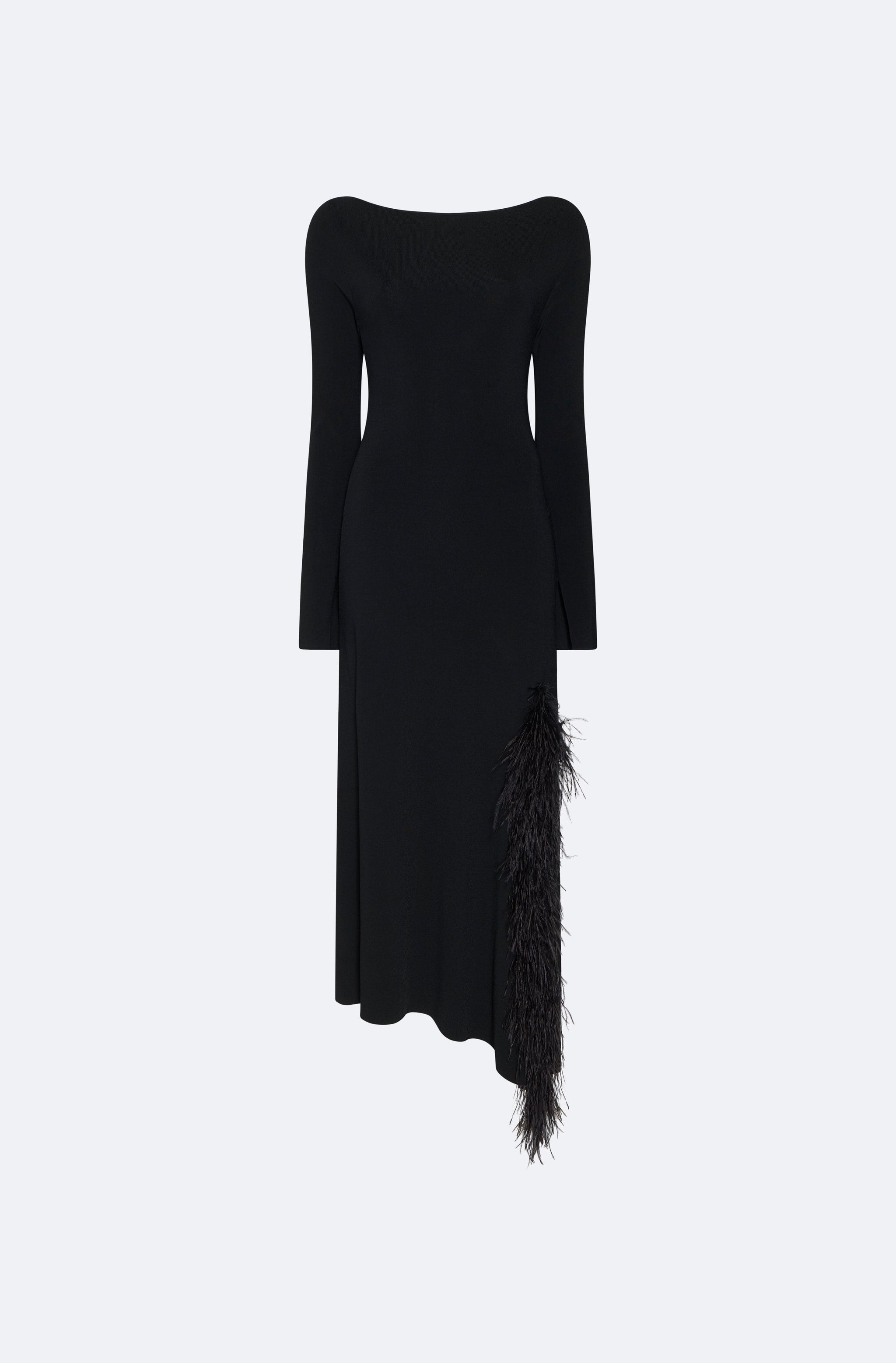 Matte Viscose Boatneck Dress With Feathers - LAPOINTE