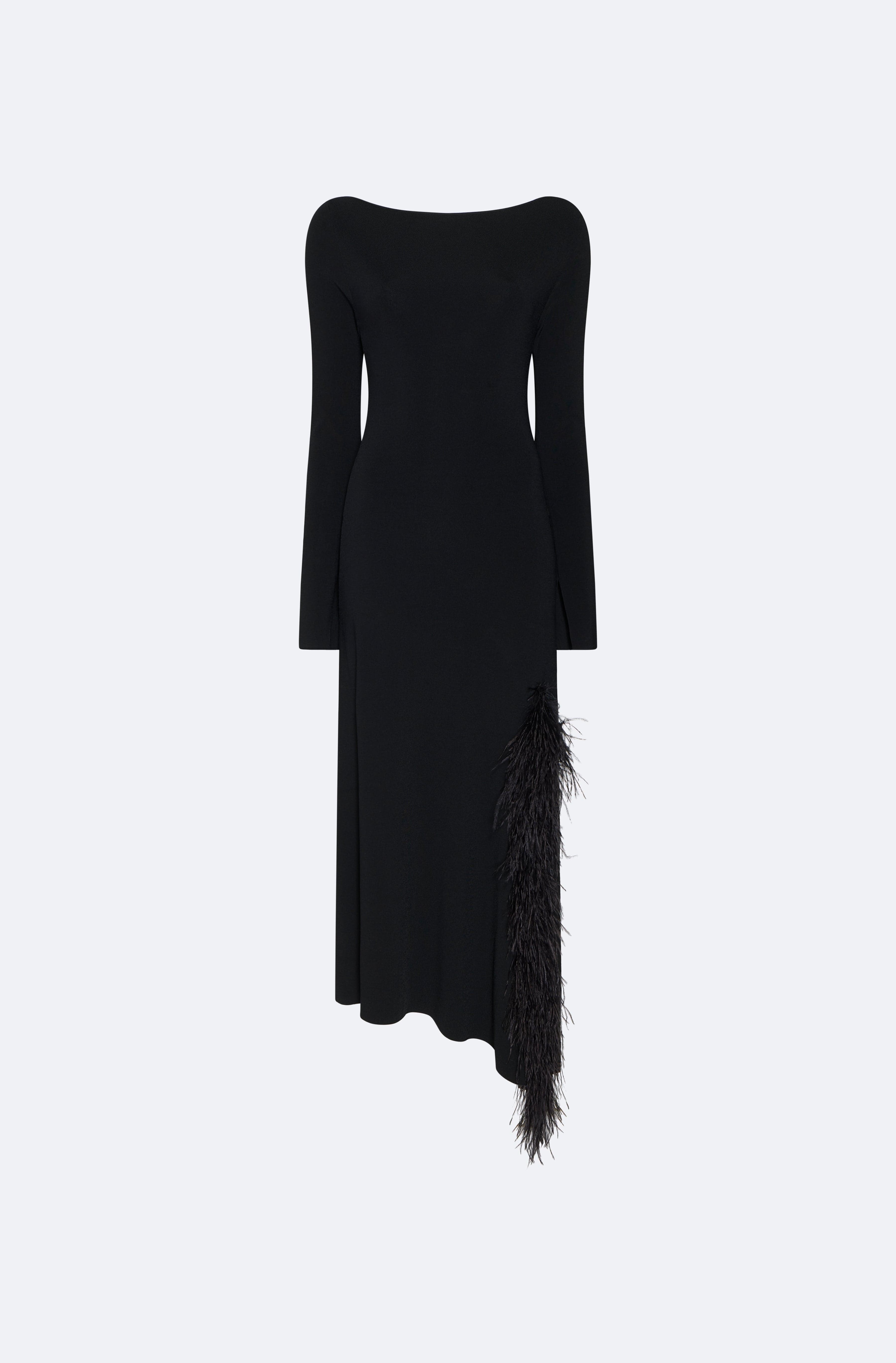 Matte Viscose Boatneck Dress With Feathers - LAPOINTE