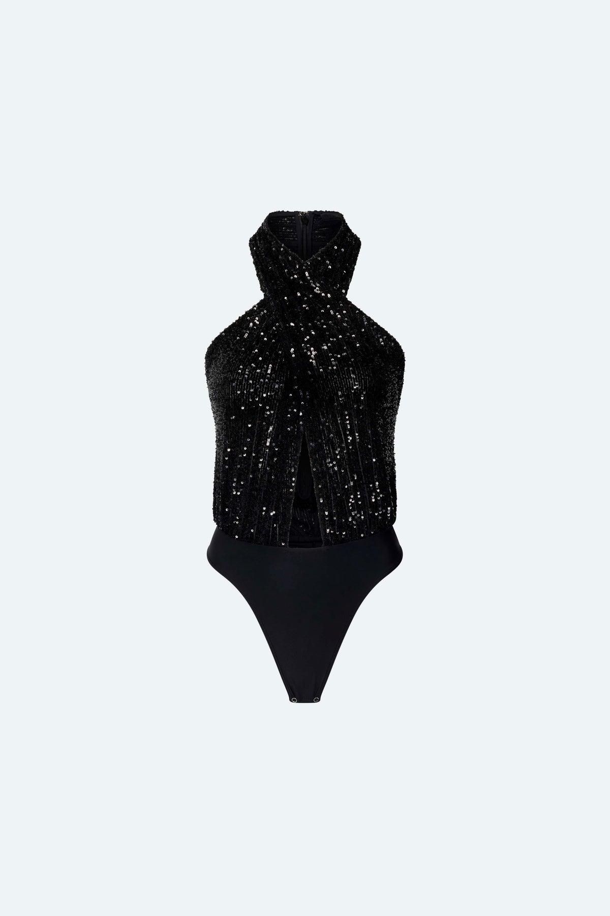 Mini Stretch Sequin Halter Cutout Bodysuit