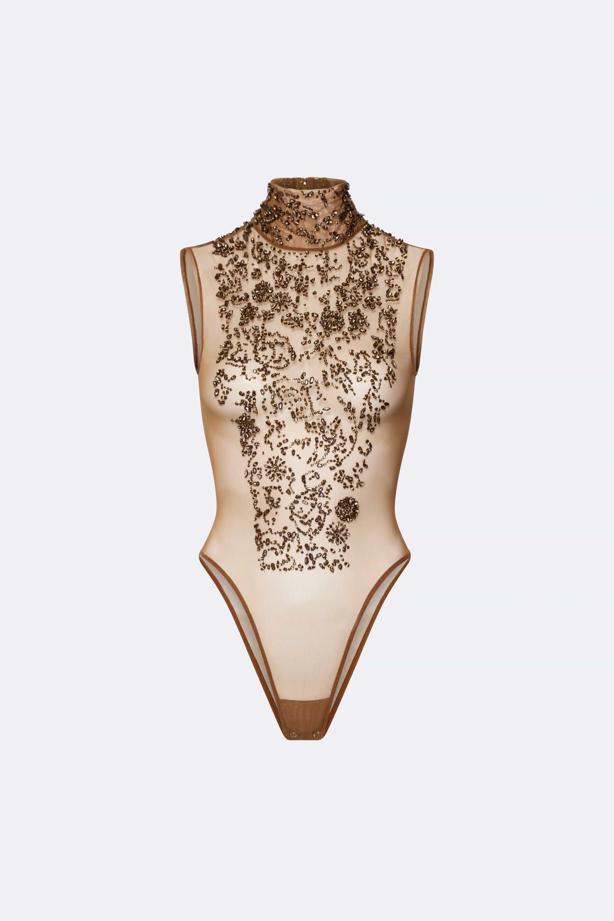 Flower Crystal Embroidery Sleeveless Mock Neck Bodysuit - LAPOINTE