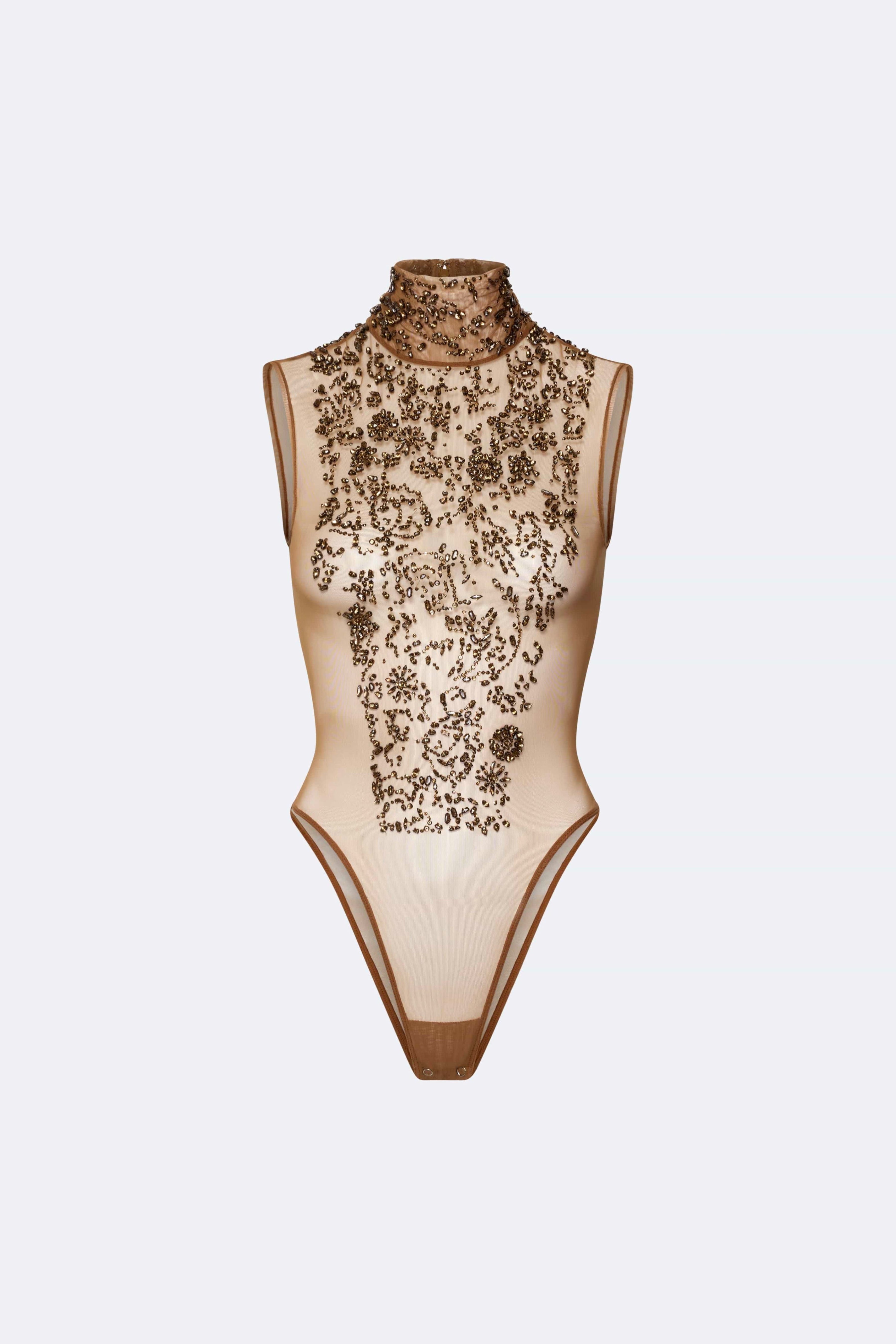 Flower Crystal Embroidery Sleeveless Mock Neck Bodysuit - LAPOINTE
