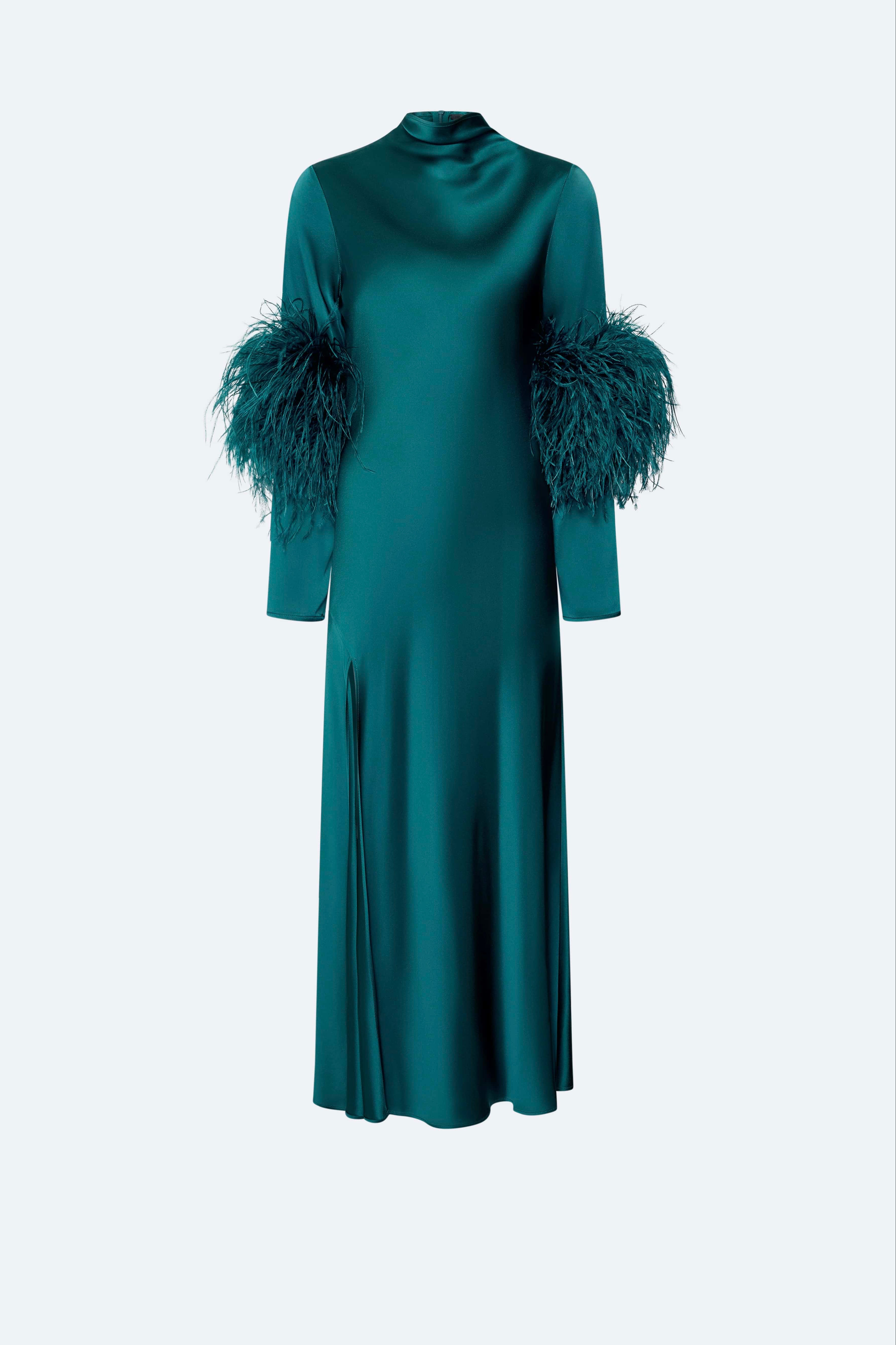 Satin Draped Neck Bias Dress With Feathers