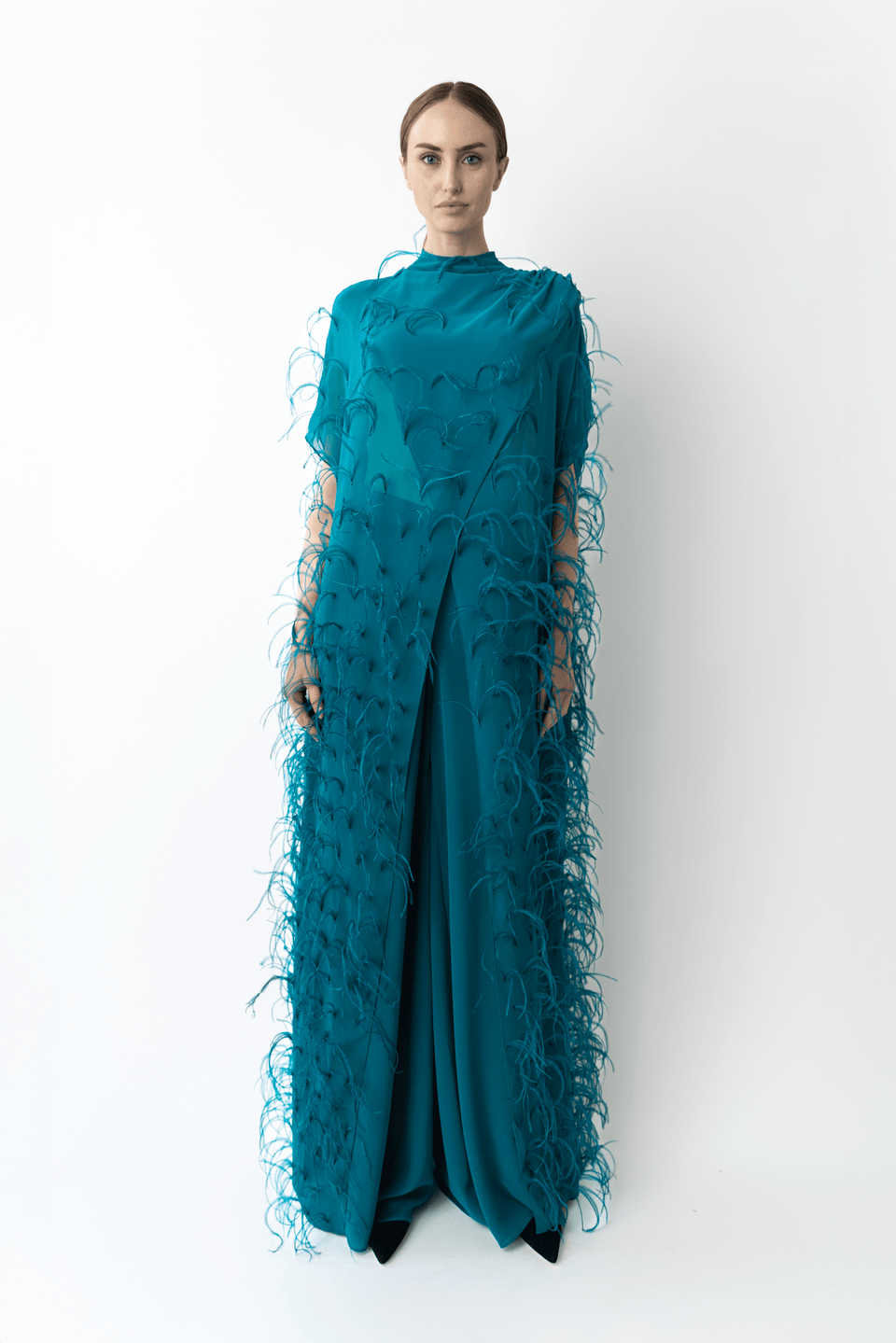 Lightweight Georgette Mock Neck Maxi Top With Feathers