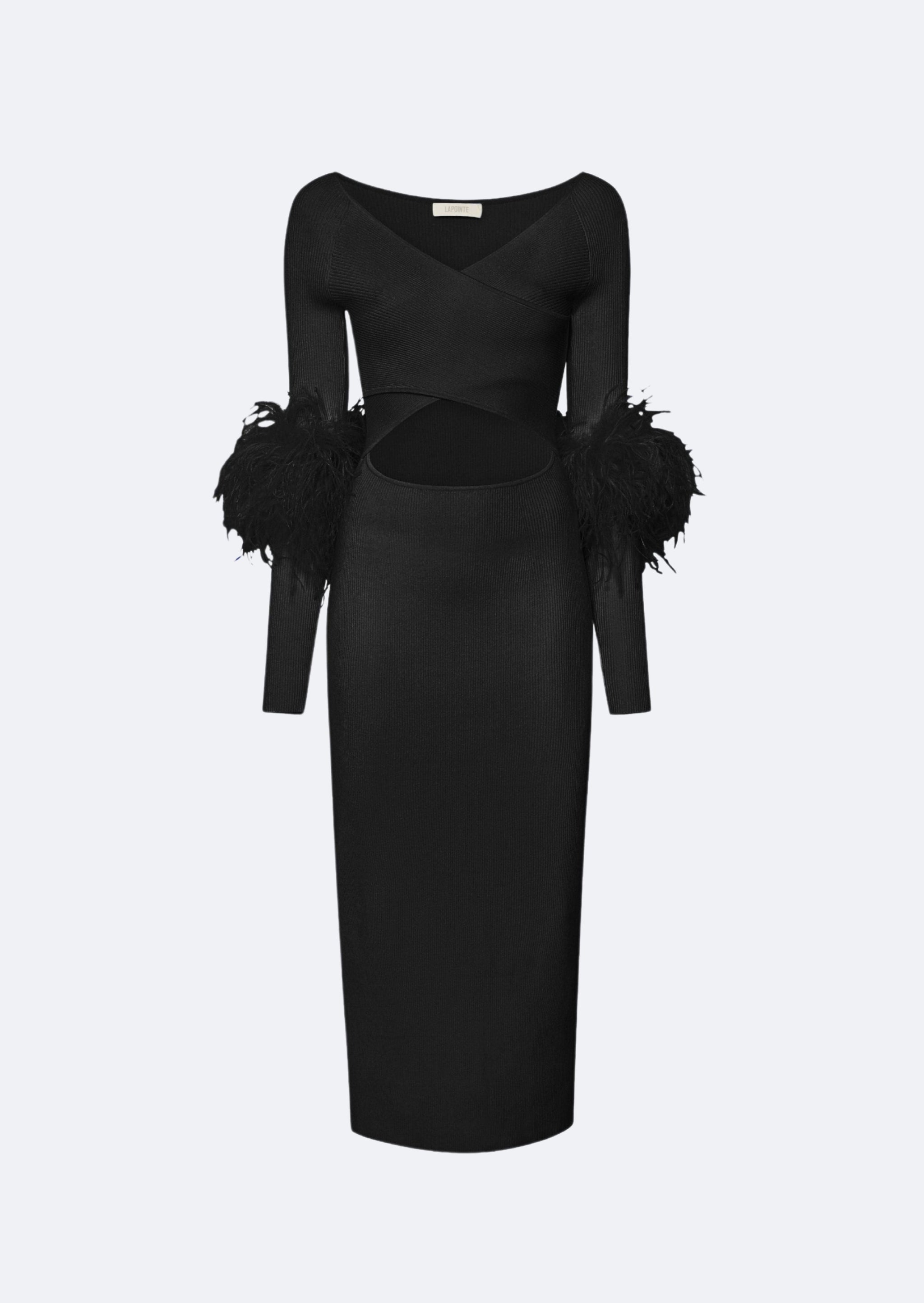 LAPOINTE Feather-Cuff Fitted Cut-Out Midi-Dress - Black LAPOINTE Feather-Cuff Fitted Cut-Out Midi-Dress - Black
