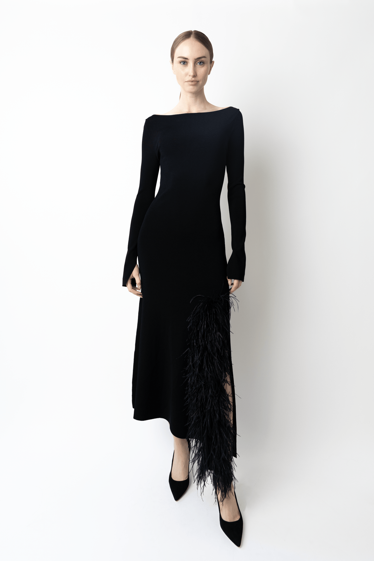 Matte Viscose Boatneck Dress With Feathers