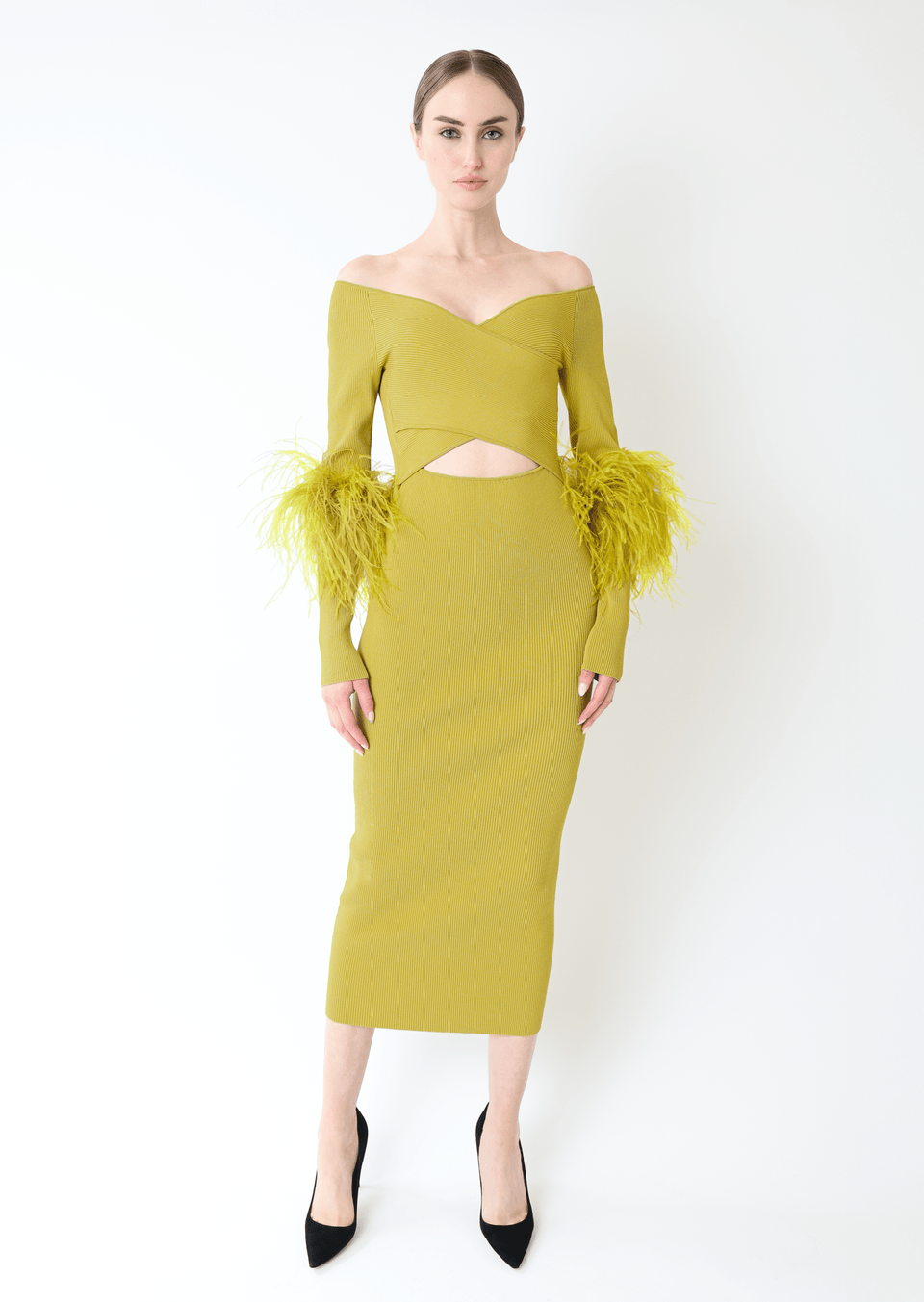 Matte Viscose Cross Front Dress With Feathers