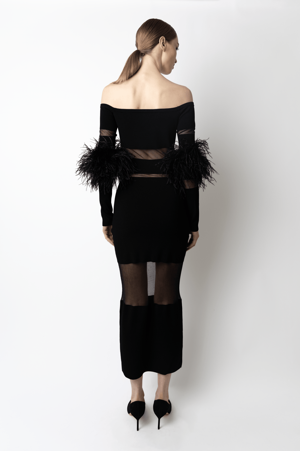 Matte Viscose Intarsia Dress With Feathers - LAPOINTE