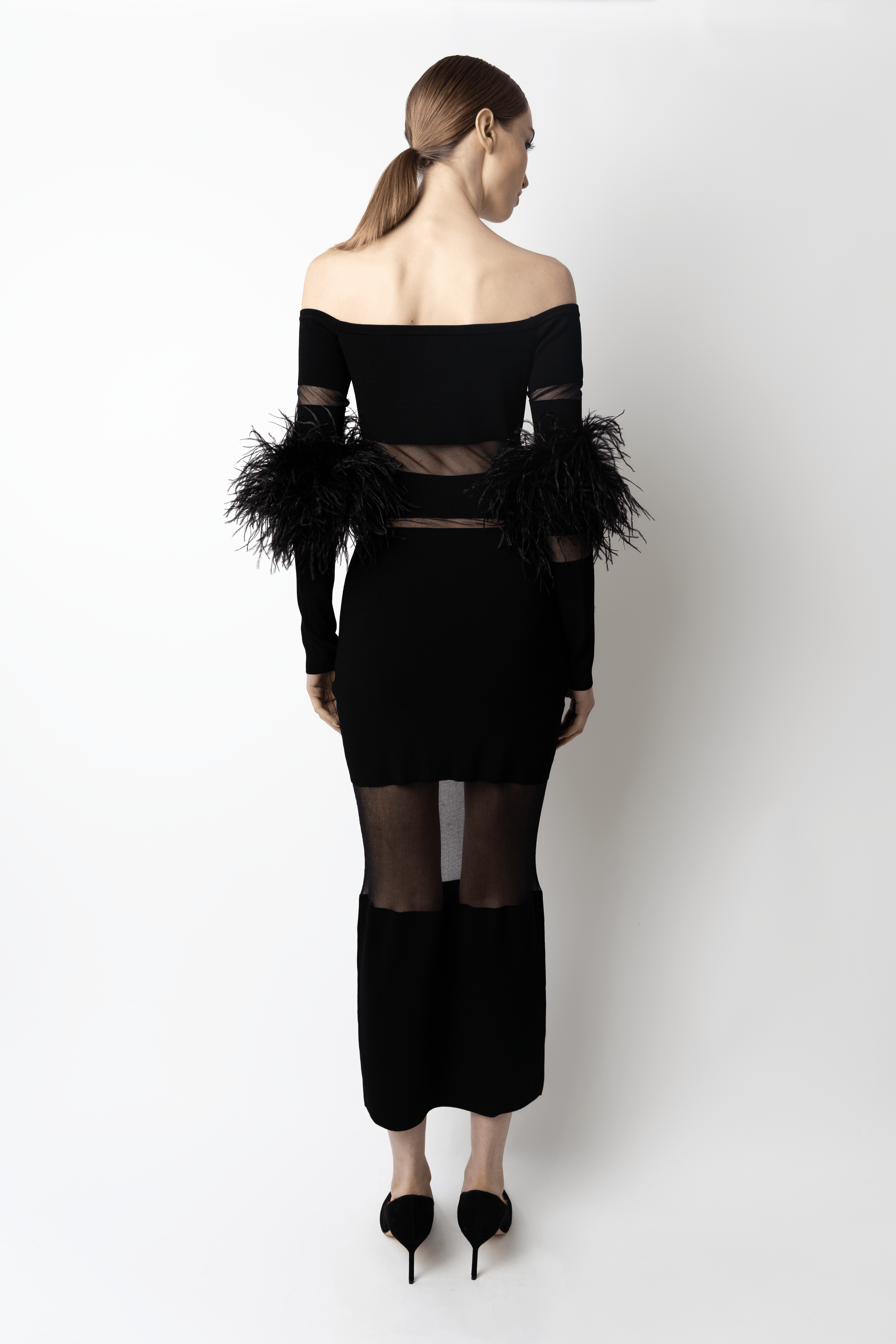 Matte Viscose Intarsia Dress With Feathers - LAPOINTE