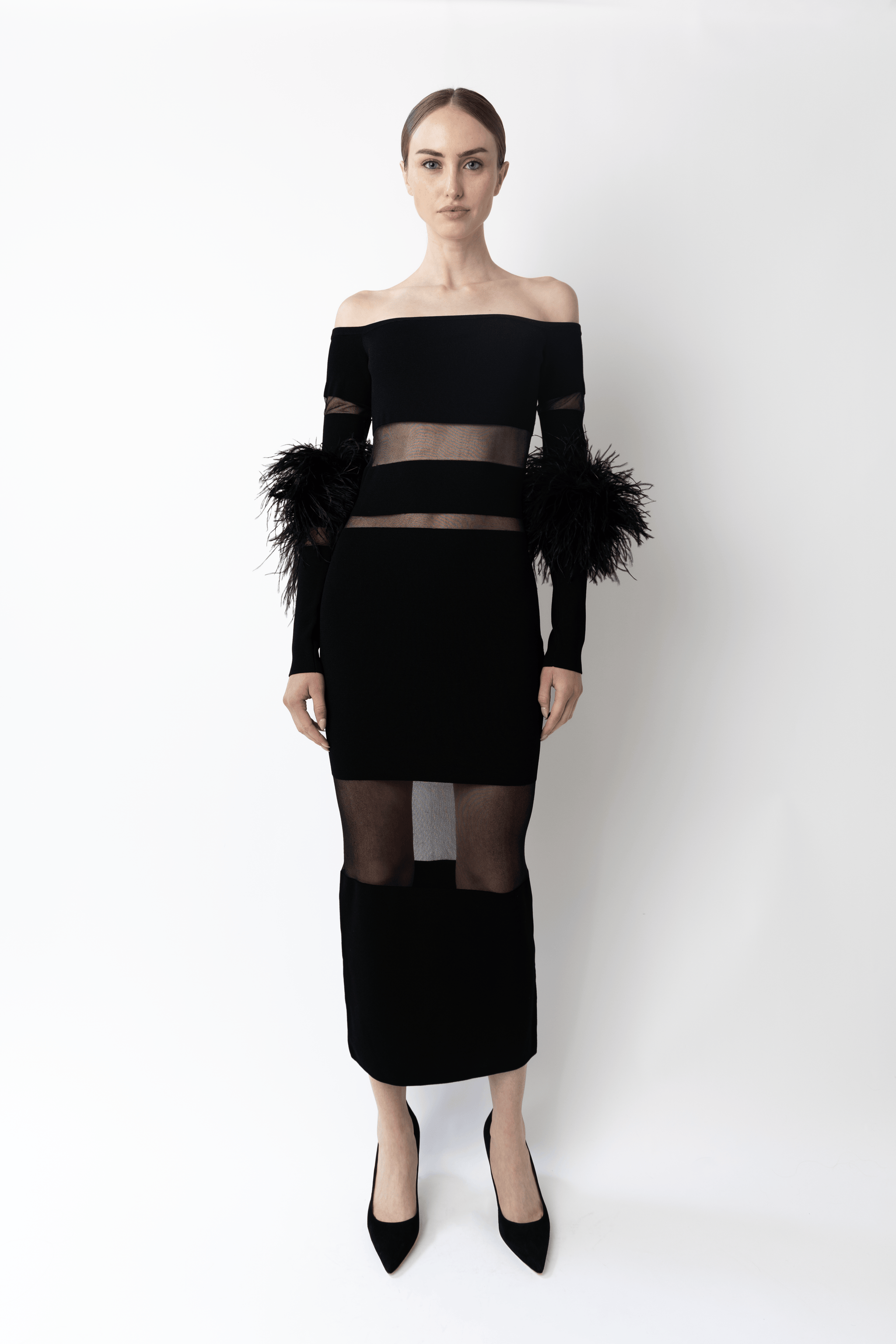Matte Viscose Intarsia Dress With Feathers - LAPOINTE