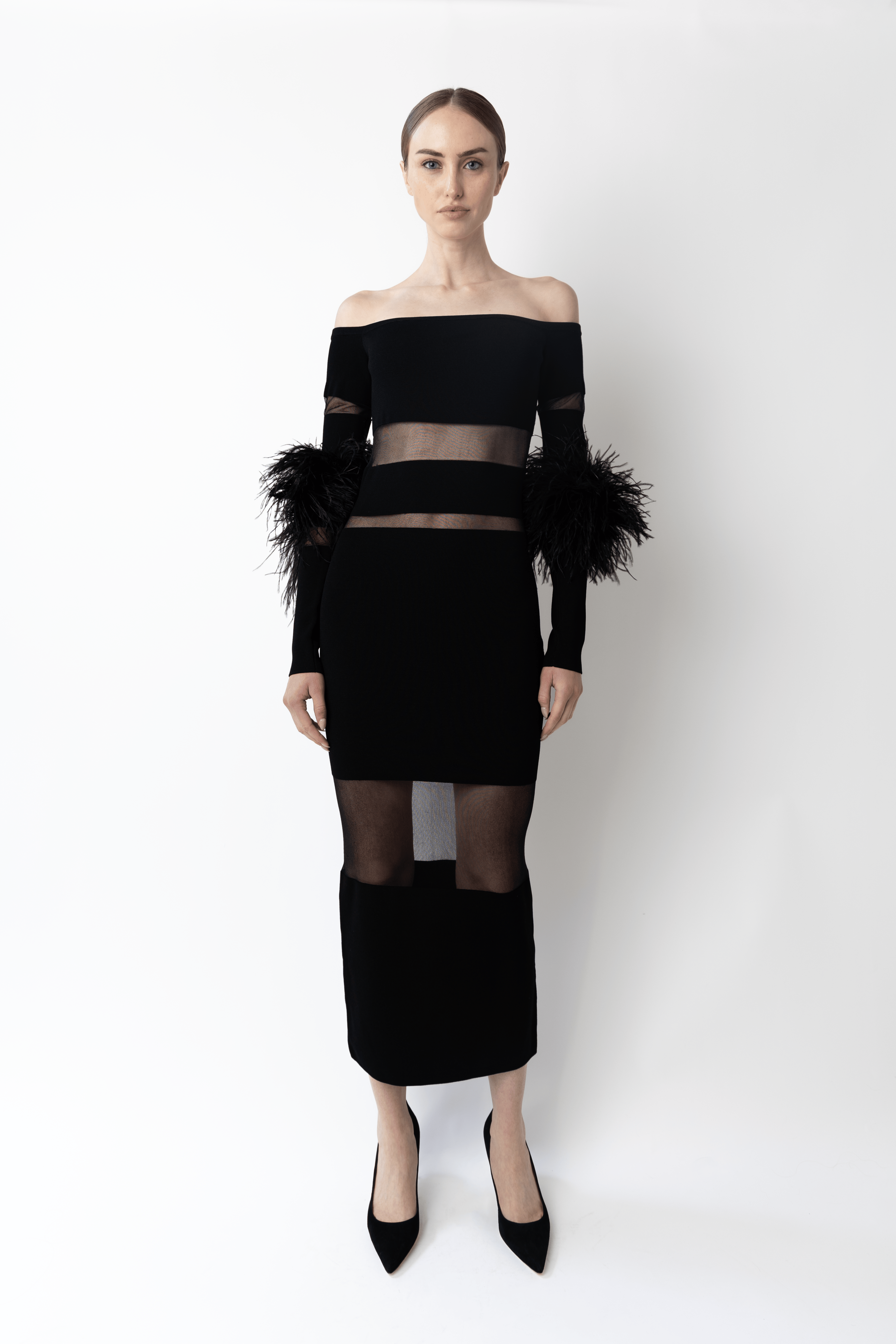 Matte Viscose Intarsia Dress With Feathers - LAPOINTE