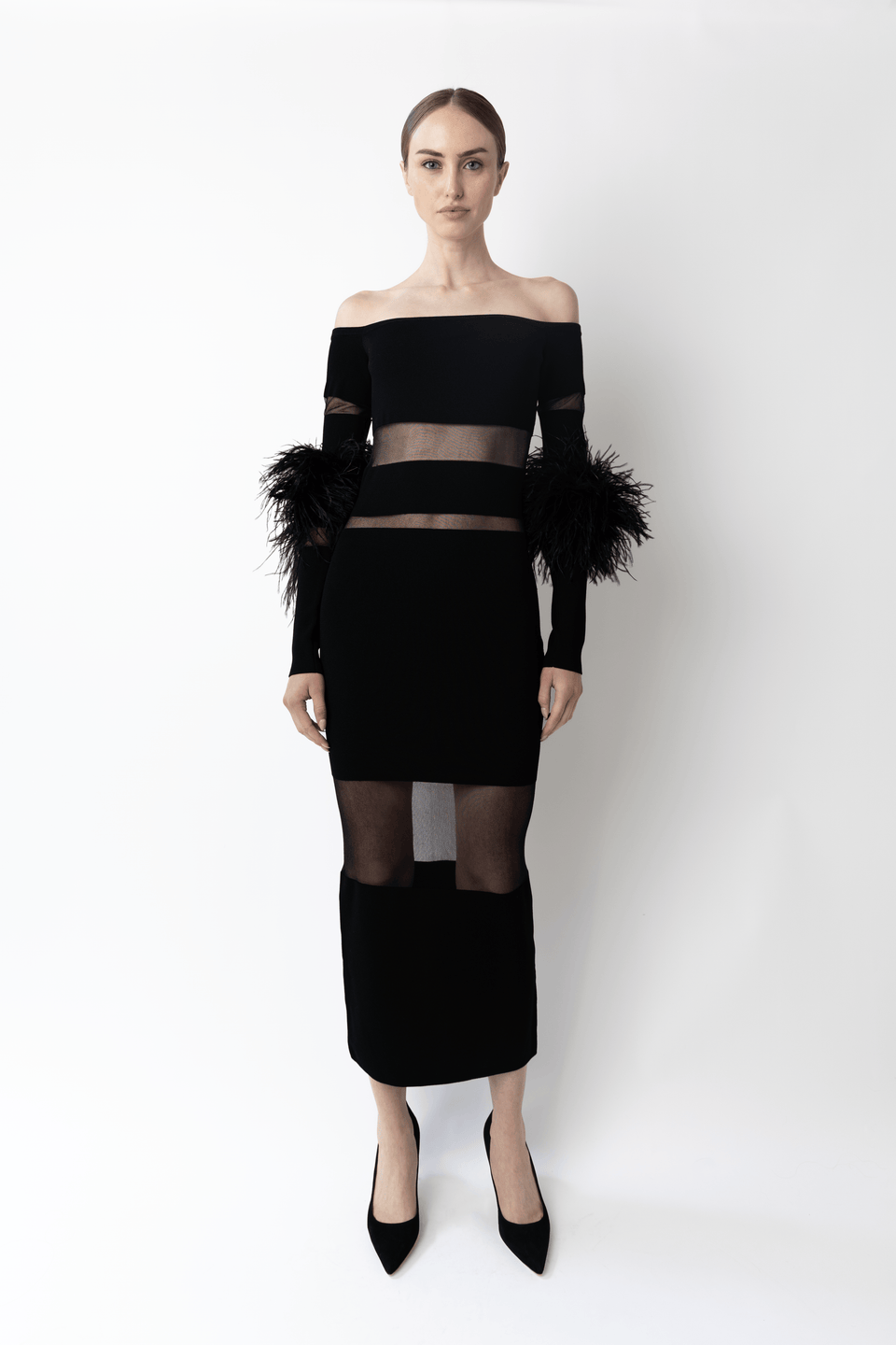 Matte Viscose Intarsia Dress With Feathers - LAPOINTE