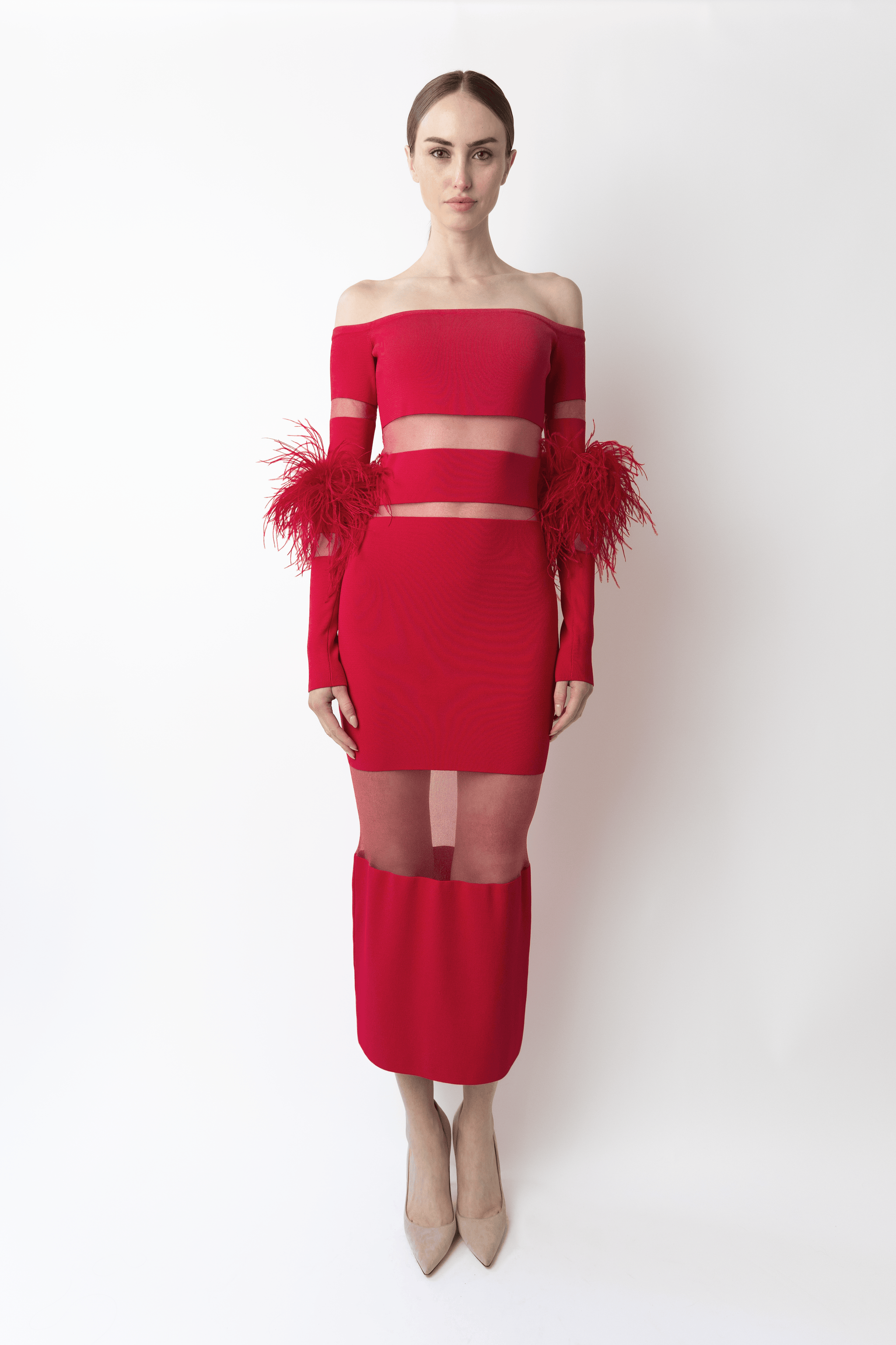 Matte Viscose Intarsia Dress With Feathers - LAPOINTE