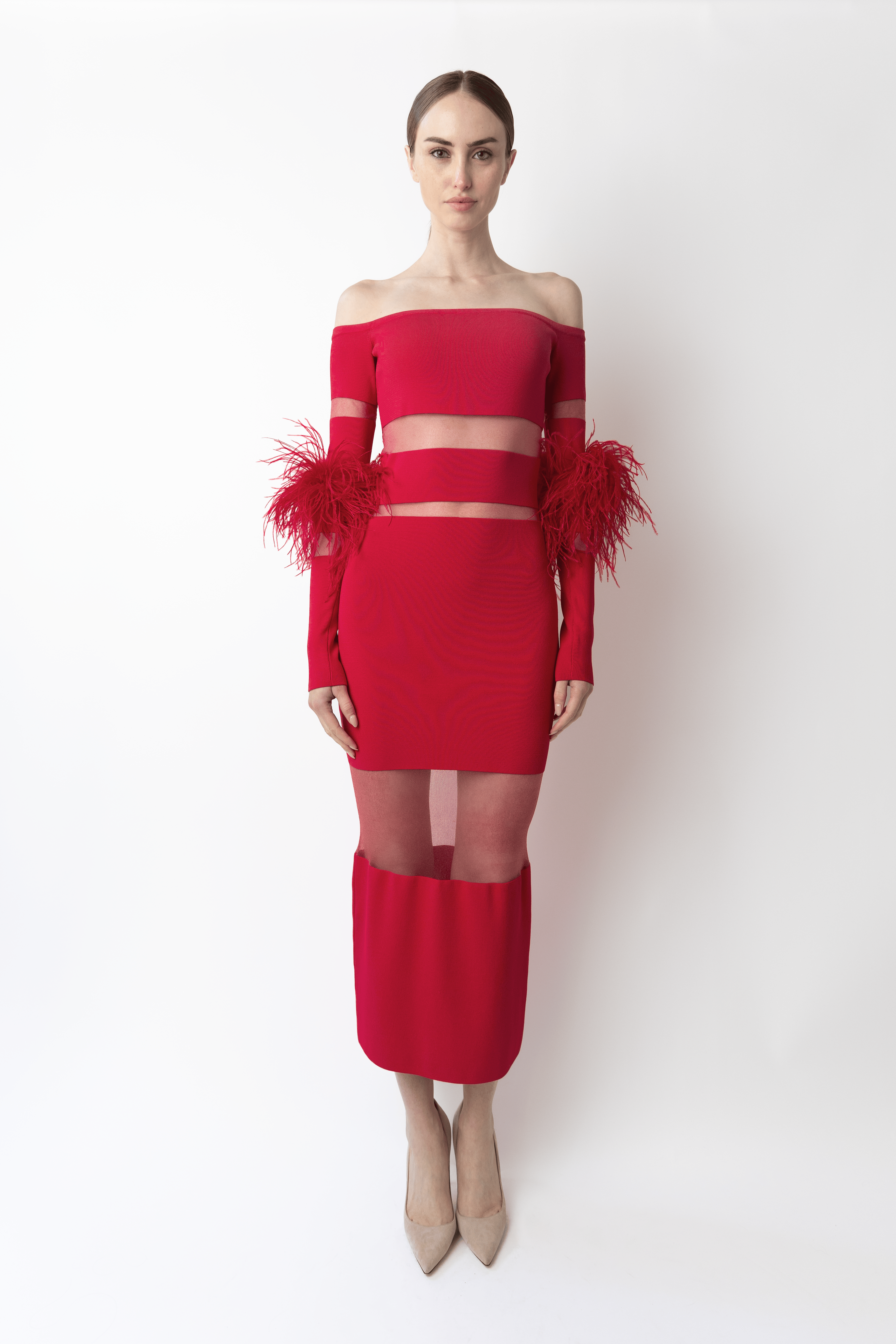 Matte Viscose Intarsia Dress With Feathers - LAPOINTE