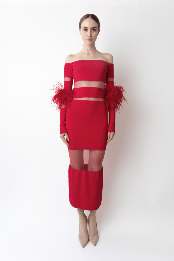 Matte Viscose Intarsia Dress With Feathers - LAPOINTE
