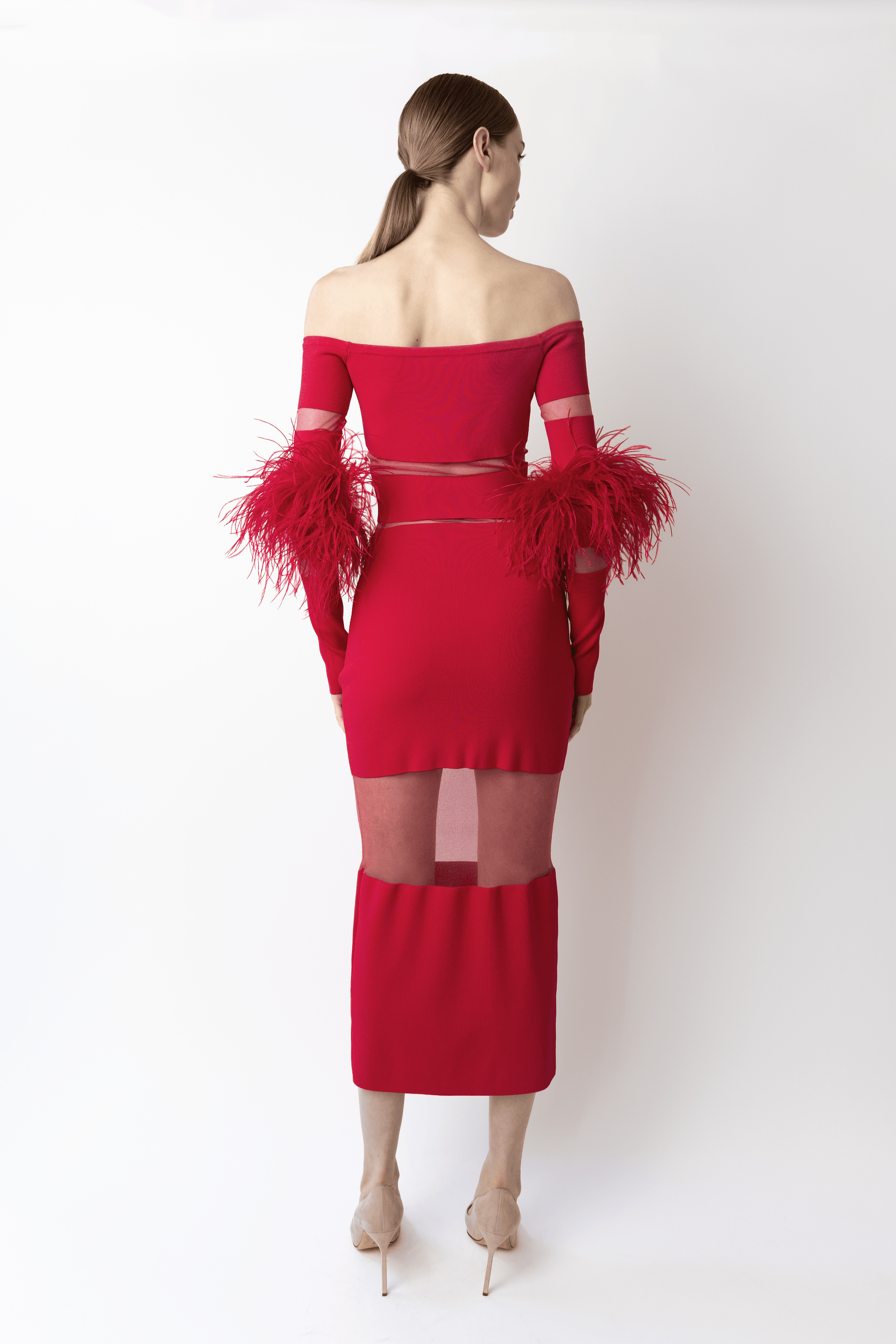 Matte Viscose Intarsia Dress With Feathers - LAPOINTE