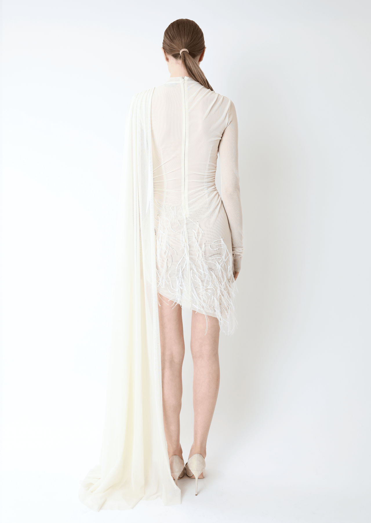 Mesh High Neck Cape Dress With Feathers