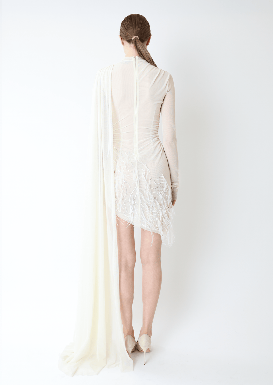 Mesh High Neck Cape Dress With Feathers