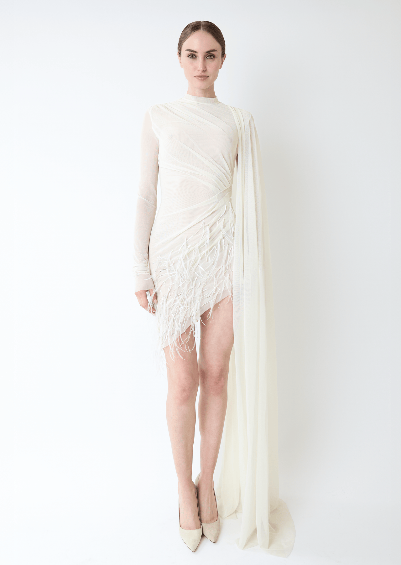 Mesh High Neck Cape Dress With Feathers