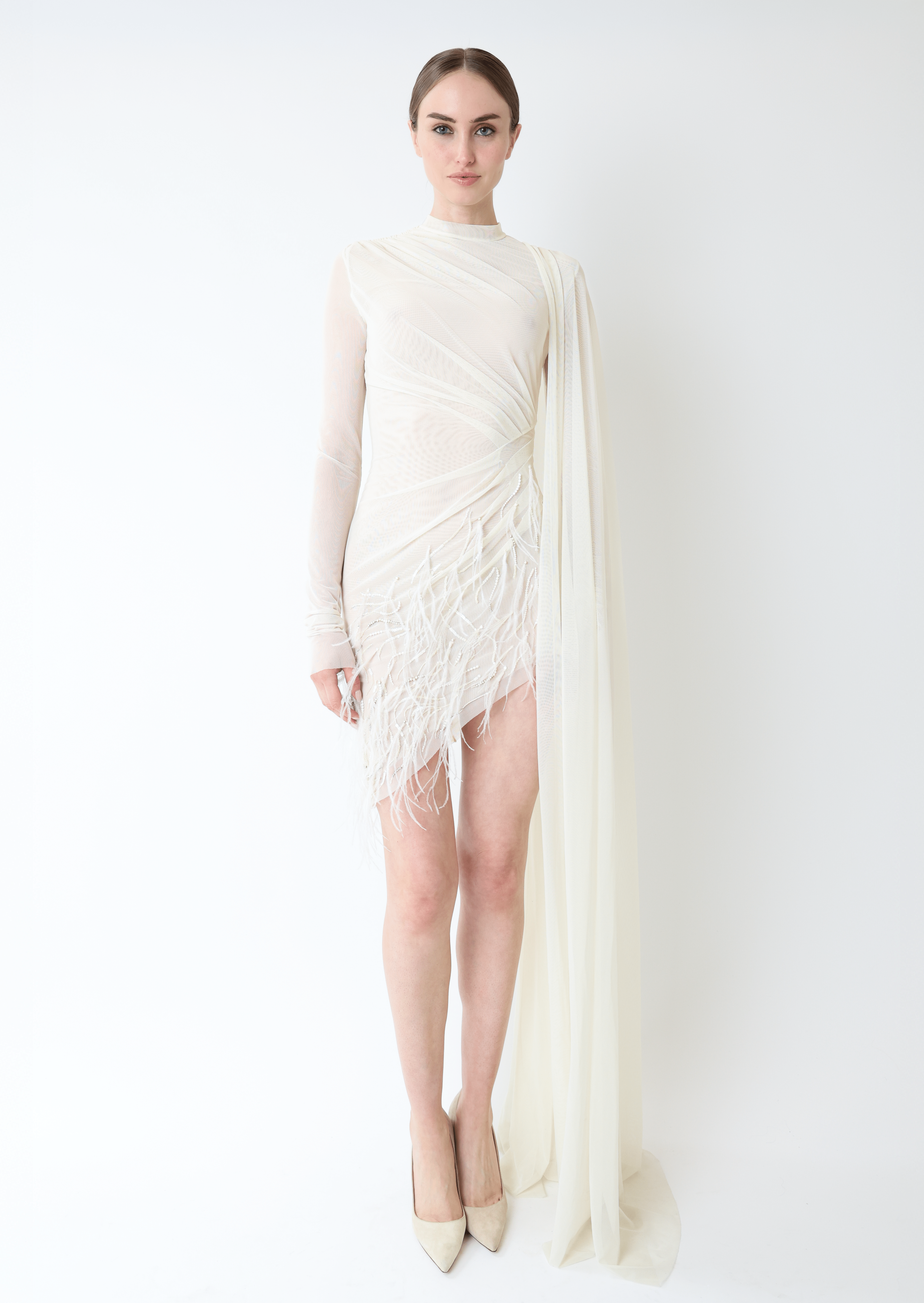 Mesh High Neck Cape Dress With Feathers - LAPOINTE