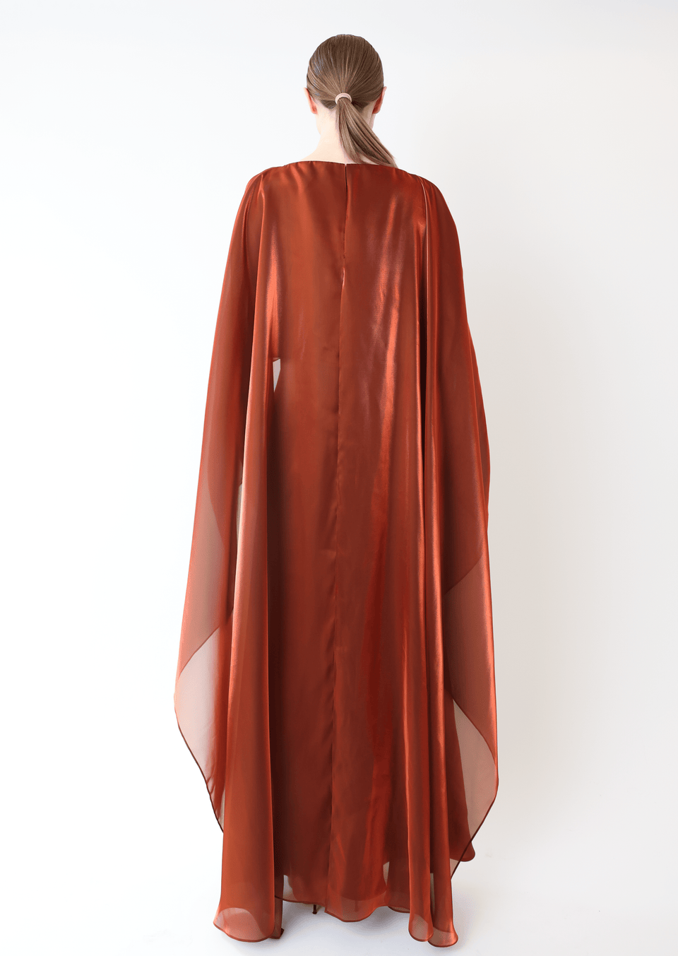 Metallic Organza Layered Gown With Cape