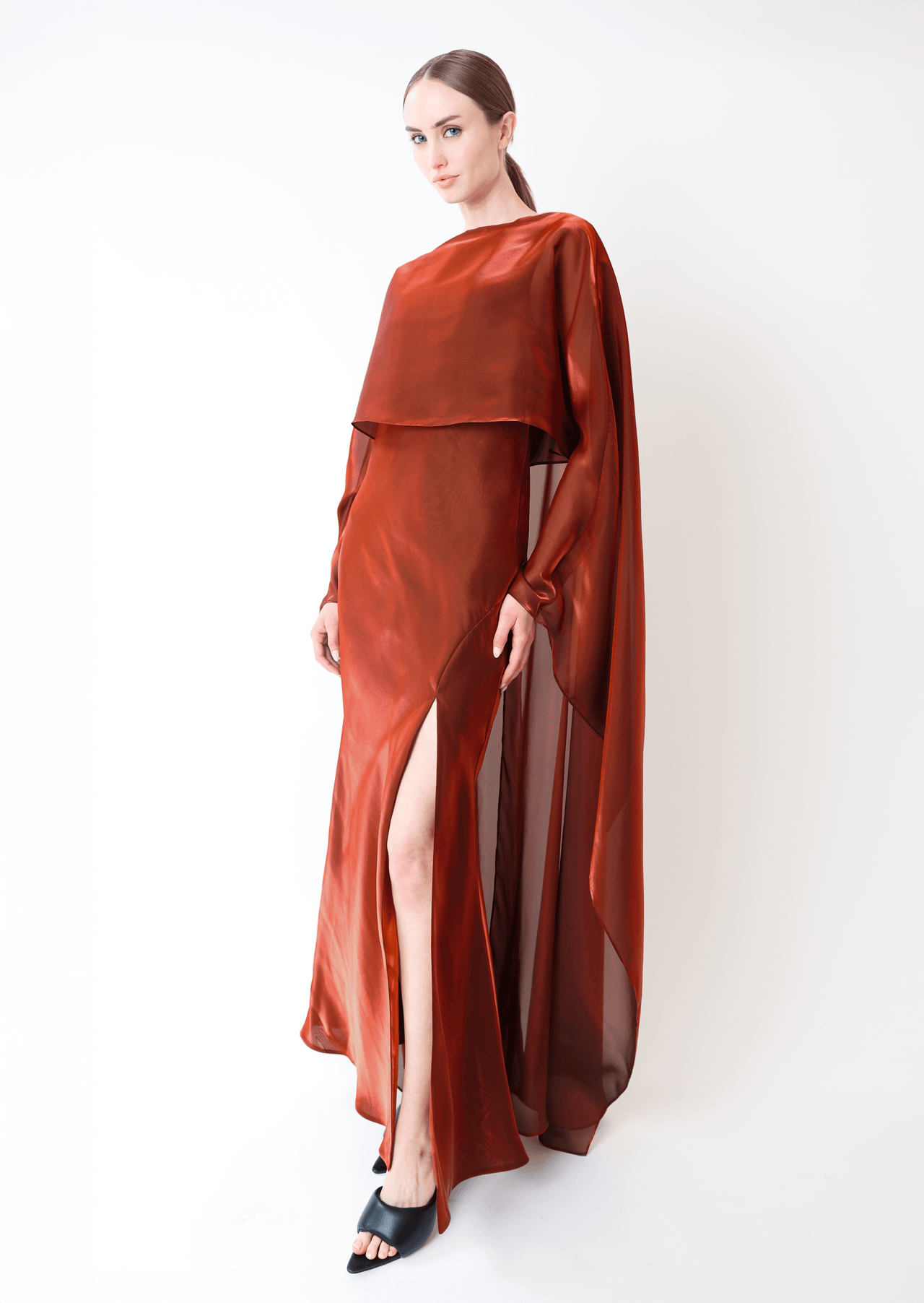 Metallic Organza Layered Gown With Cape