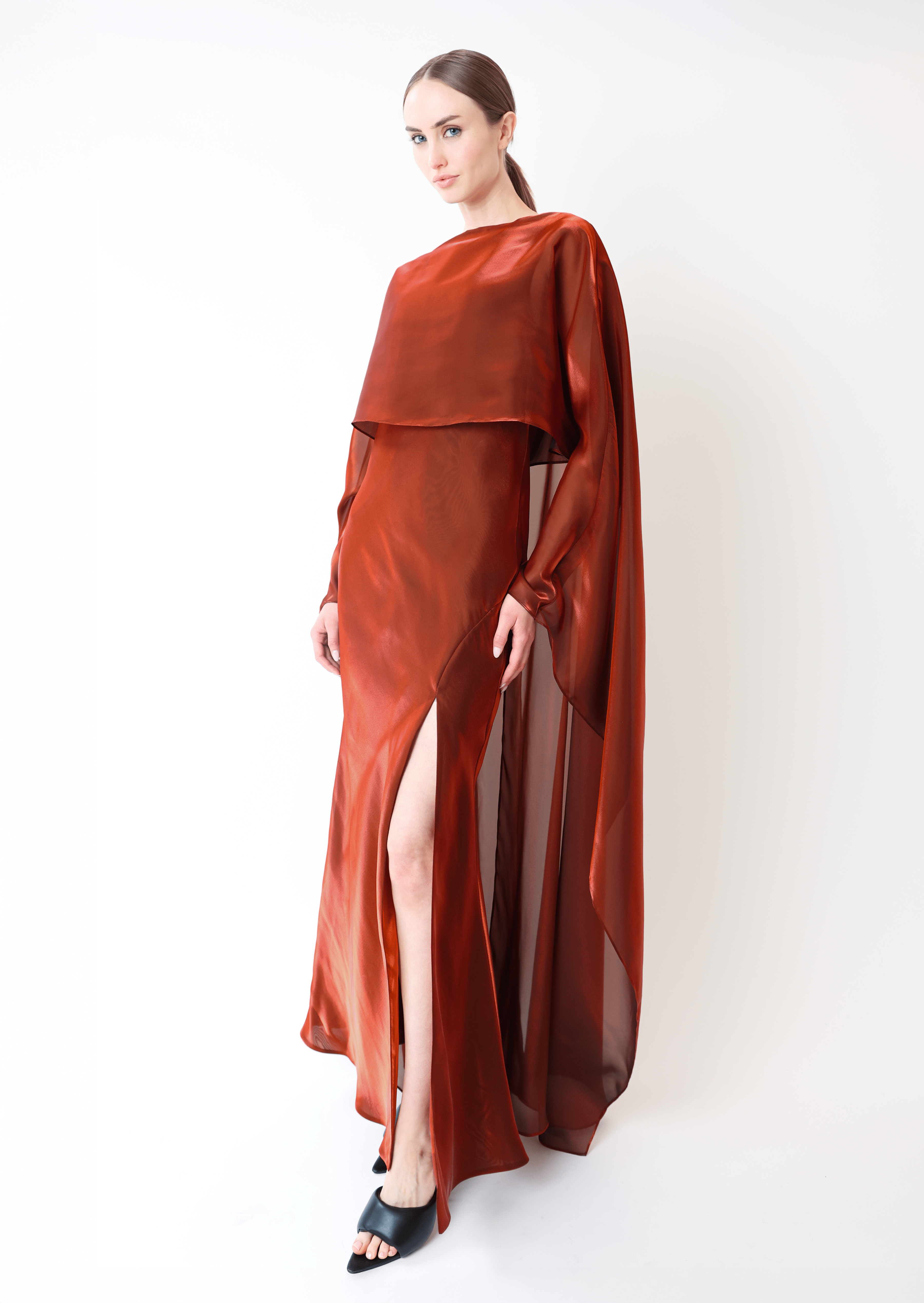 Metallic Organza Layered Gown With Cape - LAPOINTE