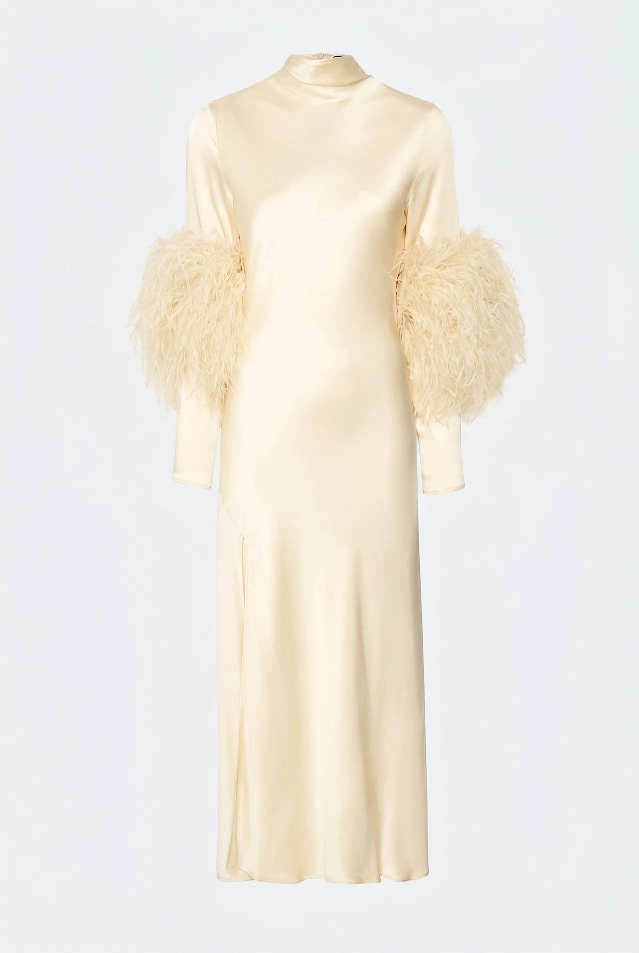 Satin Draped Neck Bias Dress With Feathers - LAPOINTE