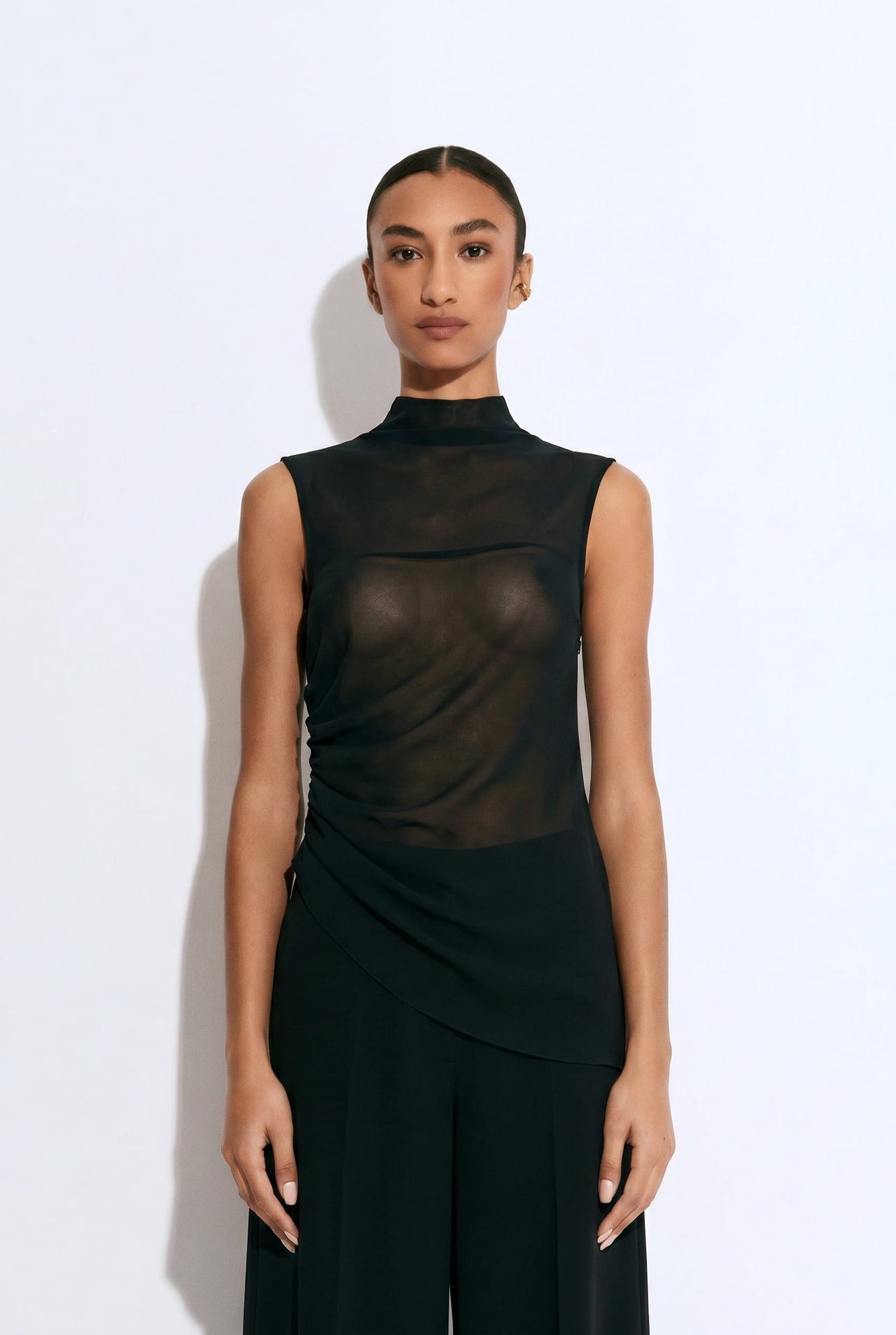 Lightweight Georgette Mock Neck Ruched Top - LAPOINTE