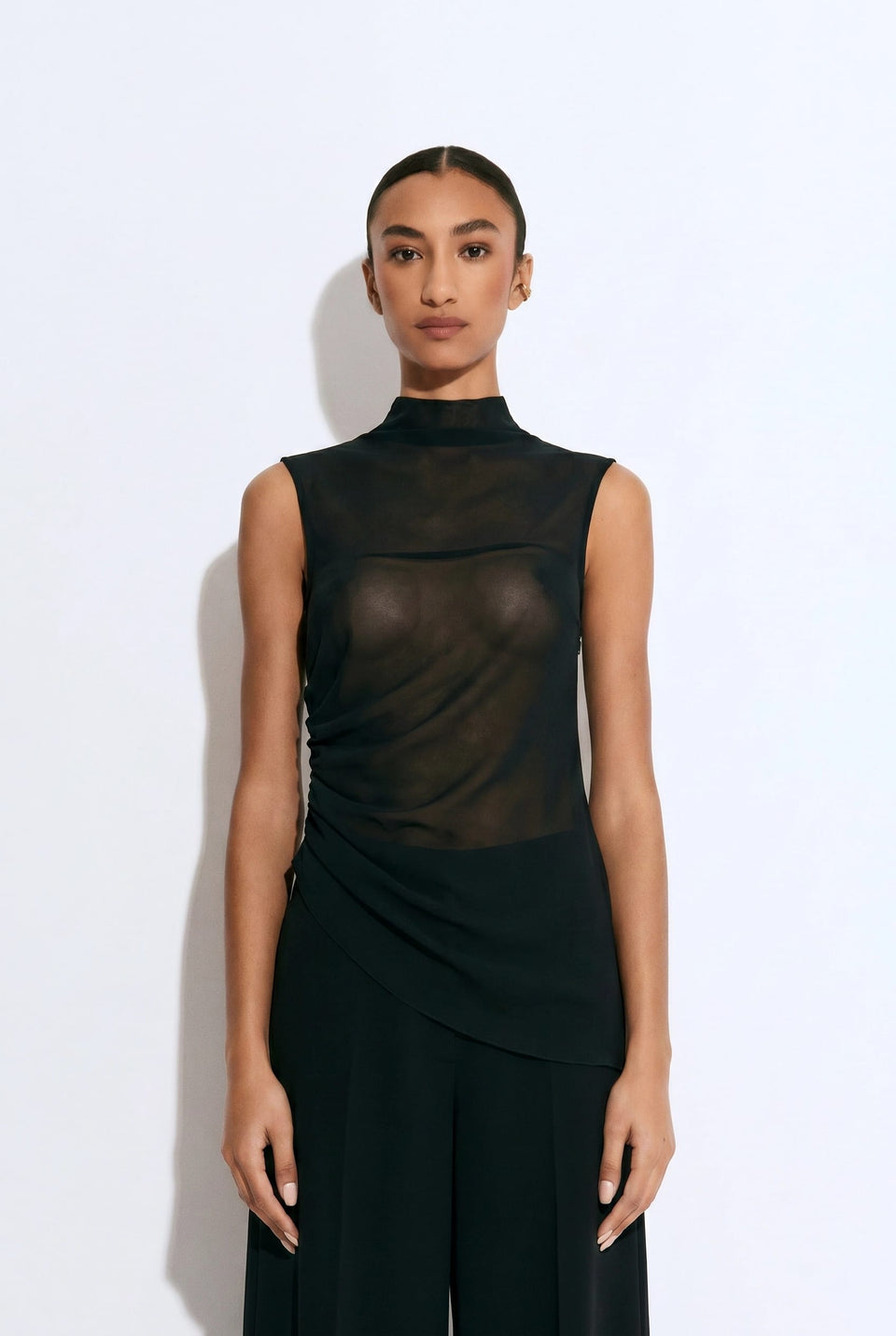 Lightweight Georgette Mock Neck Ruched Top - LAPOINTE