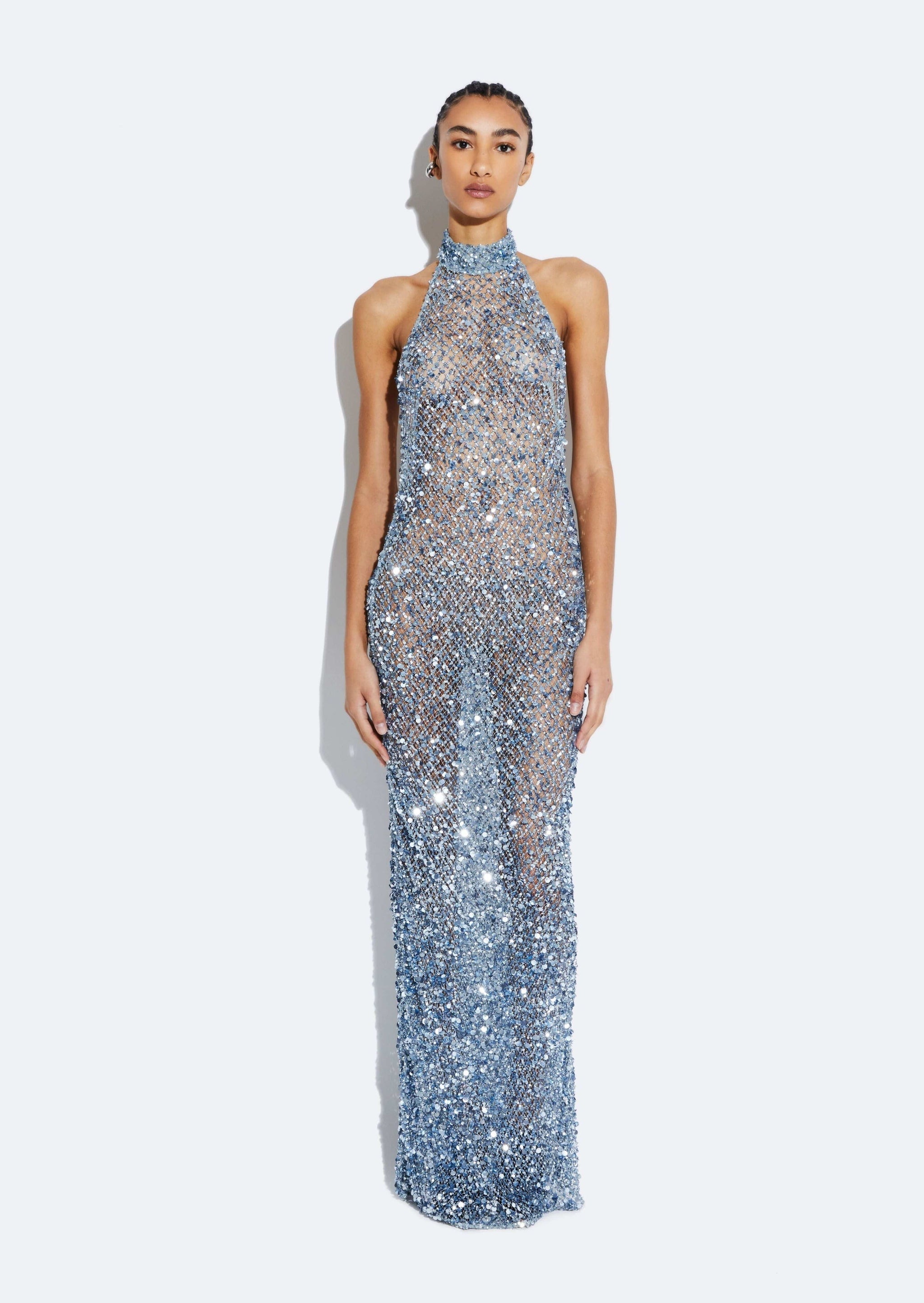 Net Mesh Sequin Gown in Cloud Blue | LAPOINTE Net Mesh Sequin Gown in Cloud Blue | LAPOINTE