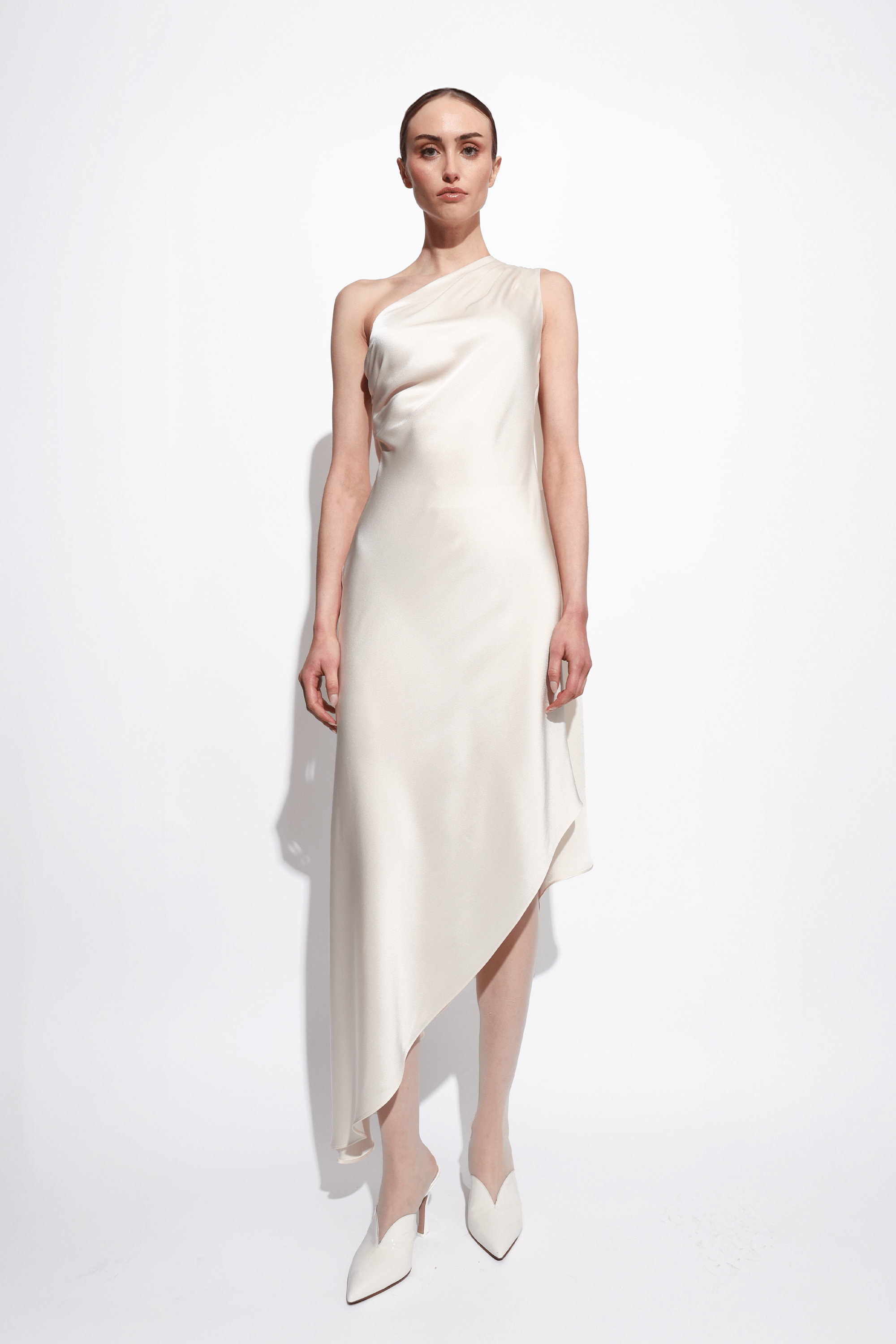 one shoulder cream dress PrettyLittleThing Women's Double Layer Slinky Bardot One Shoulder Ruched Maxi Dress in Cream