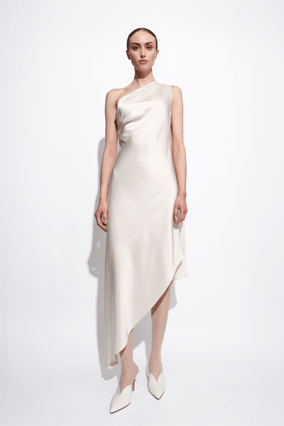 cream lace one shoulder dress One Shoulder Draped Lace Maxi Dress White