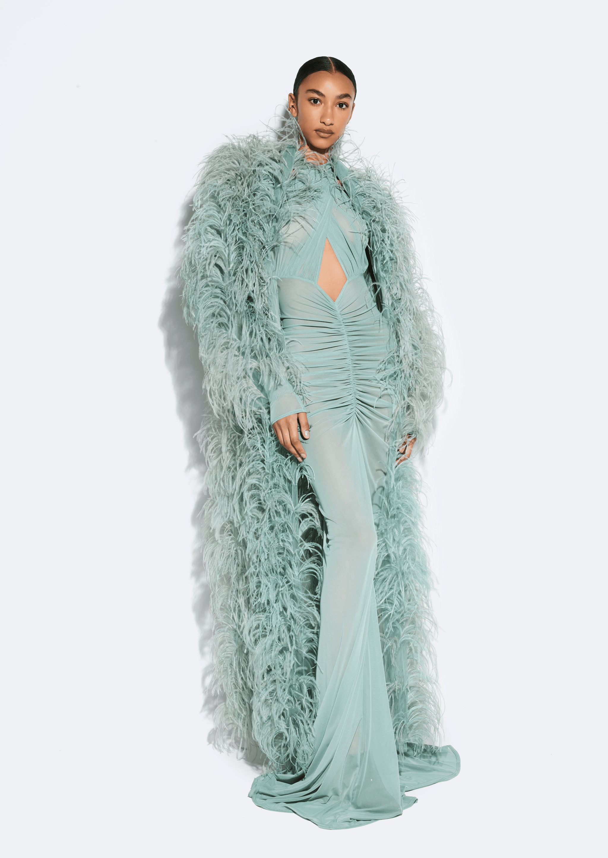 Marbled Feathers Coat in Cyan Blue LAPOINTE