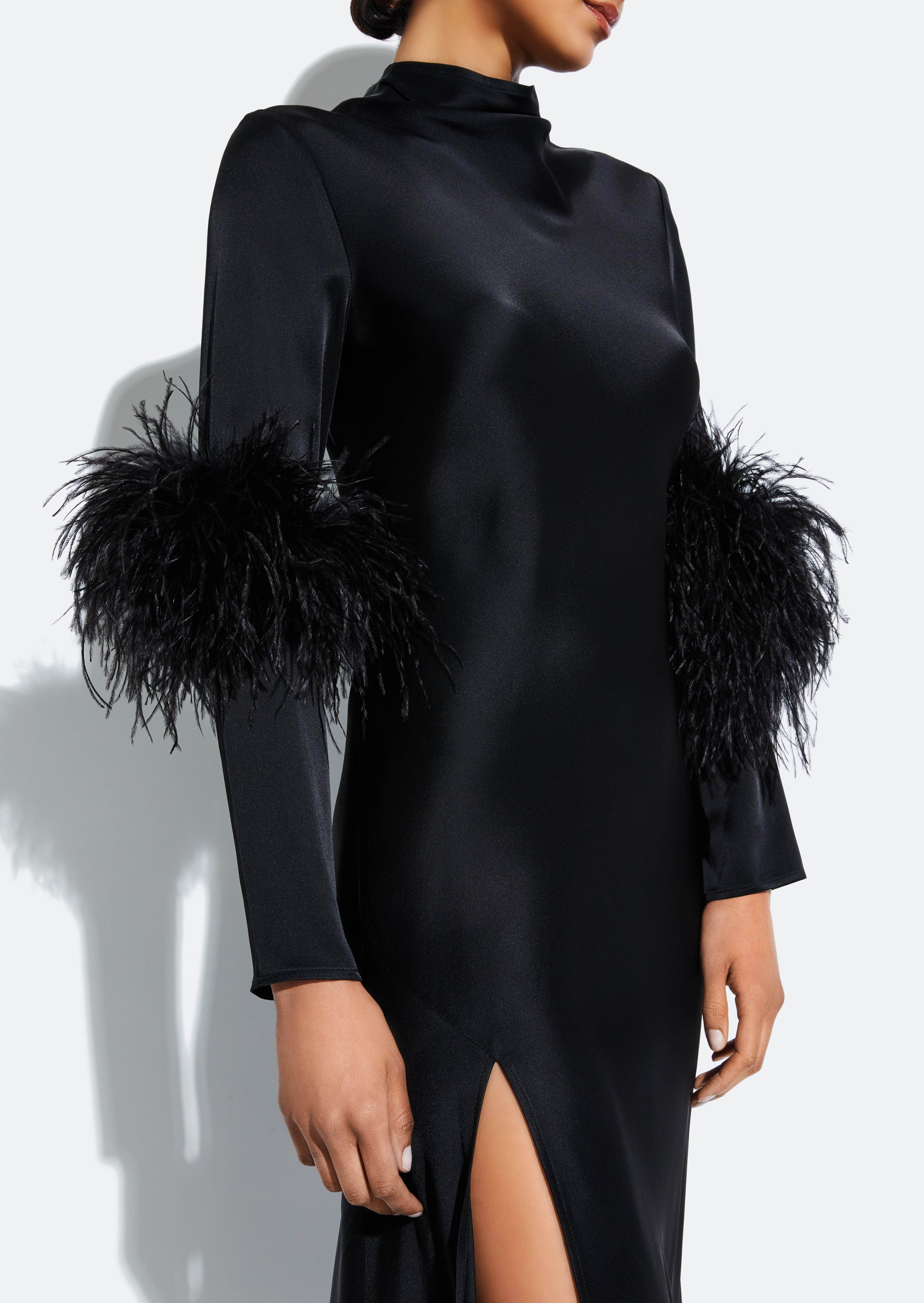 Satin Draped Neck Bias Dress With Feathers in Black Black | LAPOINTE Satin Draped Neck Bias Dress With Feathers in Black Black | LAPOINTE