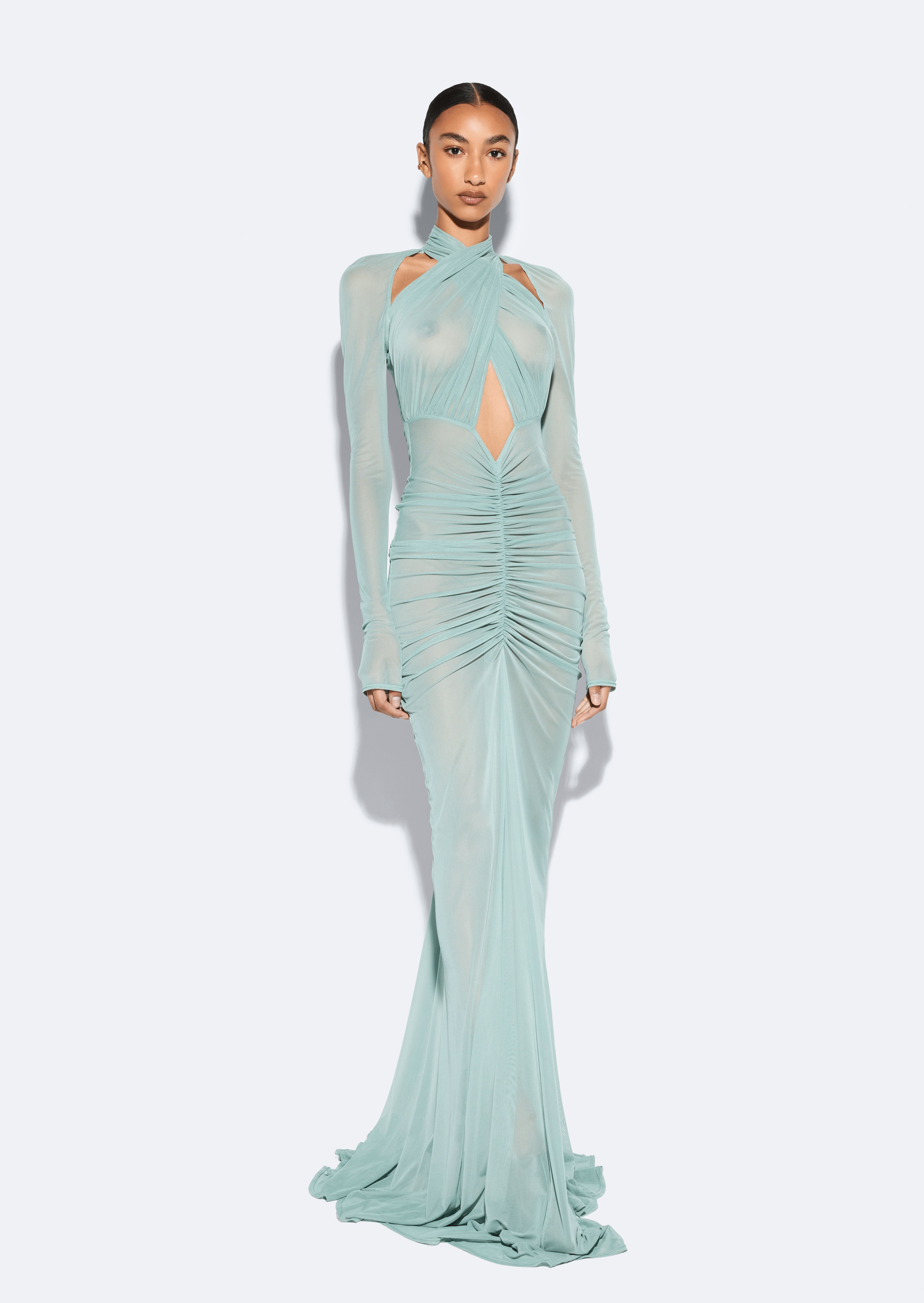 Mesh Halter Ruched Gown - LAPOINTE