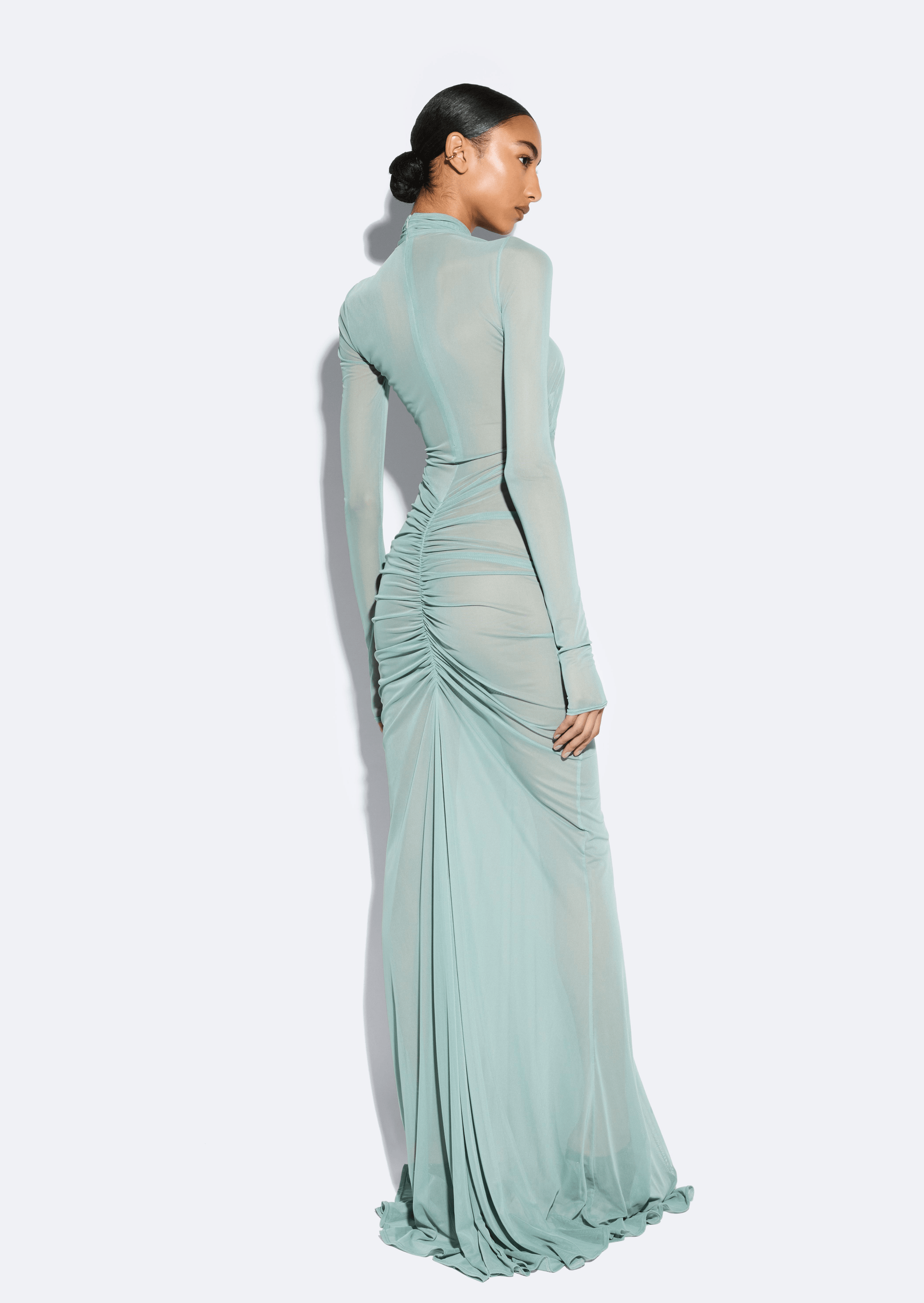 Mesh Halter Ruched Gown - LAPOINTE