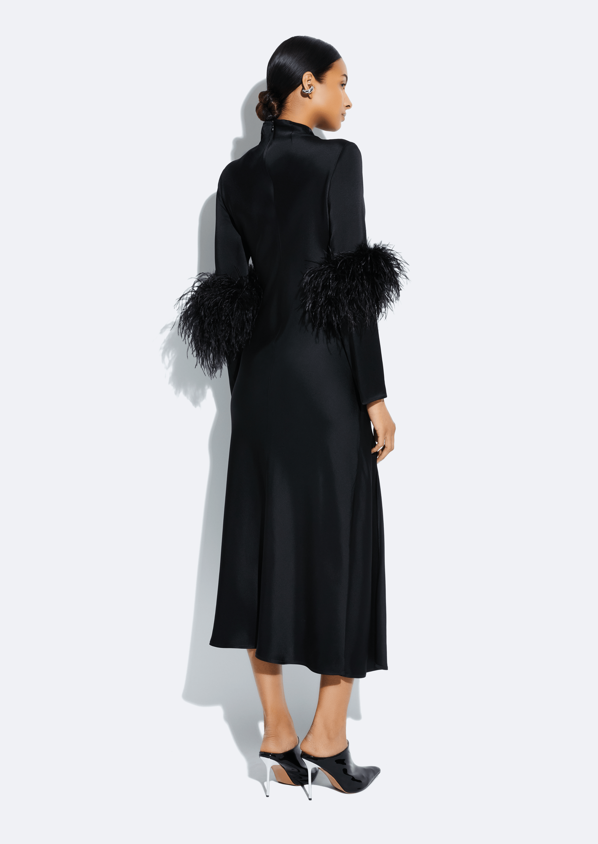 Satin Draped Neck Bias Dress With Feathers in Black Black | LAPOINTE Satin Draped Neck Bias Dress With Feathers in Black Black | LAPOINTE
