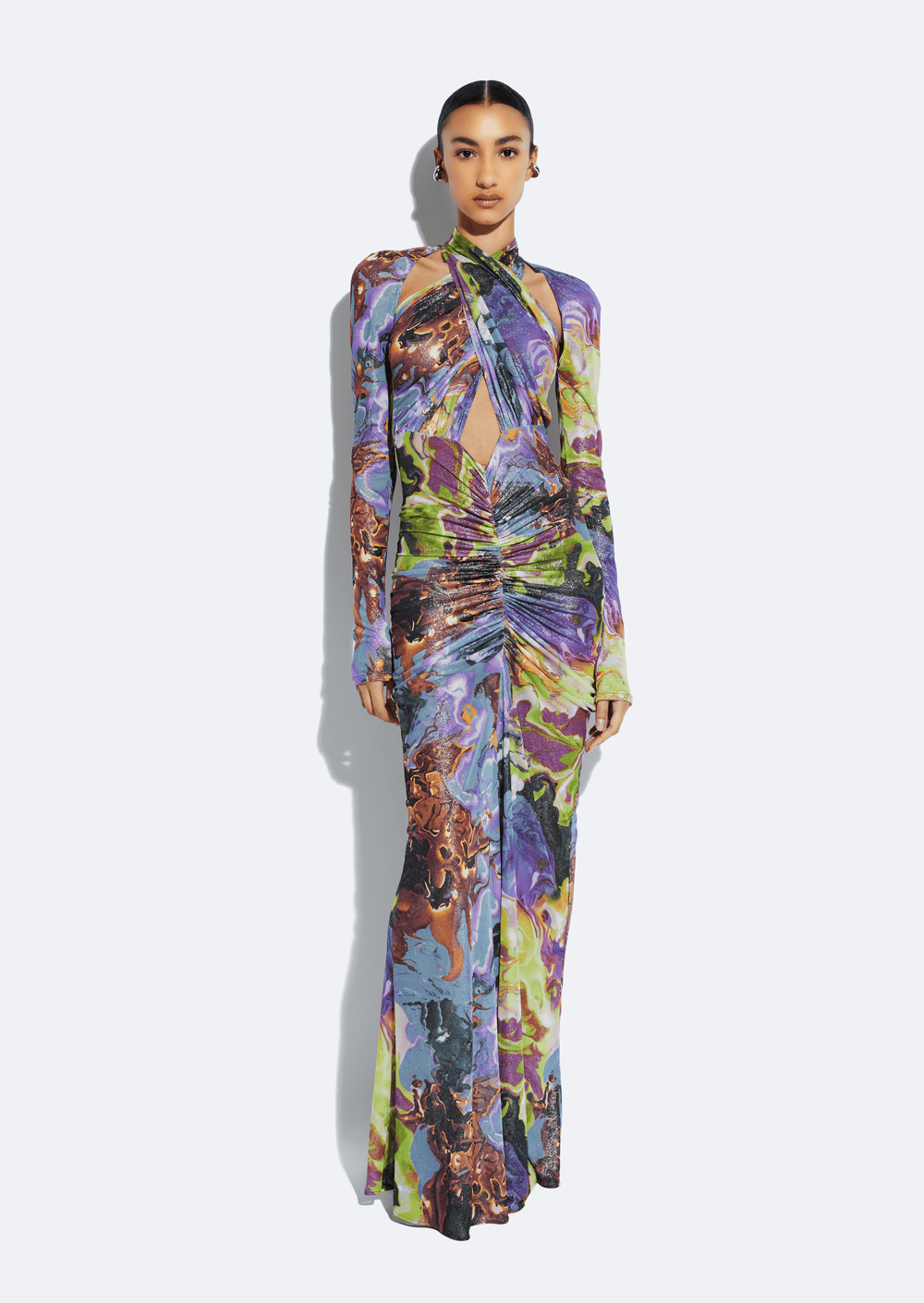 LAPOINTE Printed Mesh Halter Ruched Gown | Marble / XS LAPOINTE Printed Mesh Halter Ruched Gown | Marble / XS