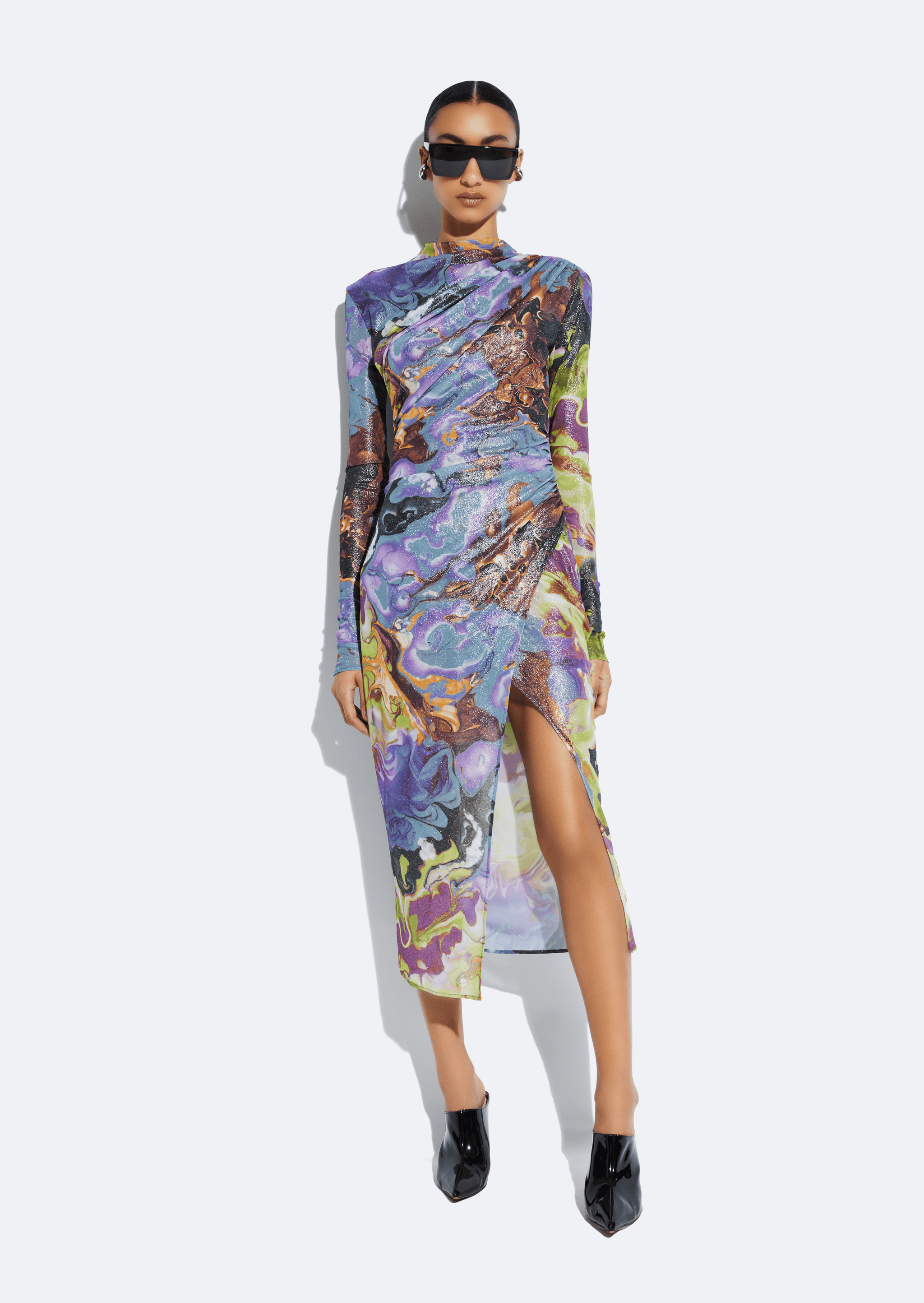 marble mesh dress Chocolate Marble Print Off Shoulder Mesh Midi Dress