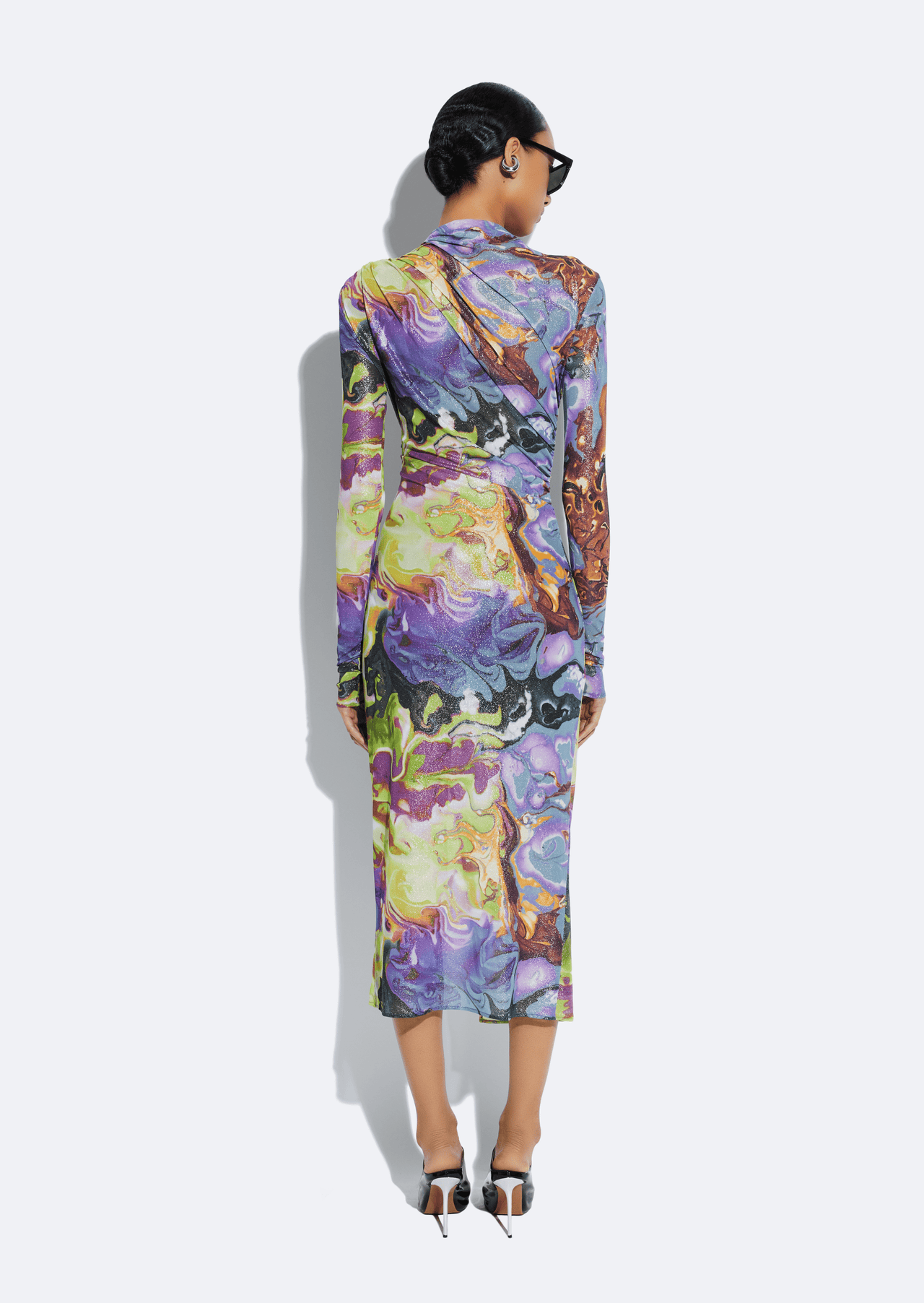 Printed Mesh Draped Midi Dress - LAPOINTE