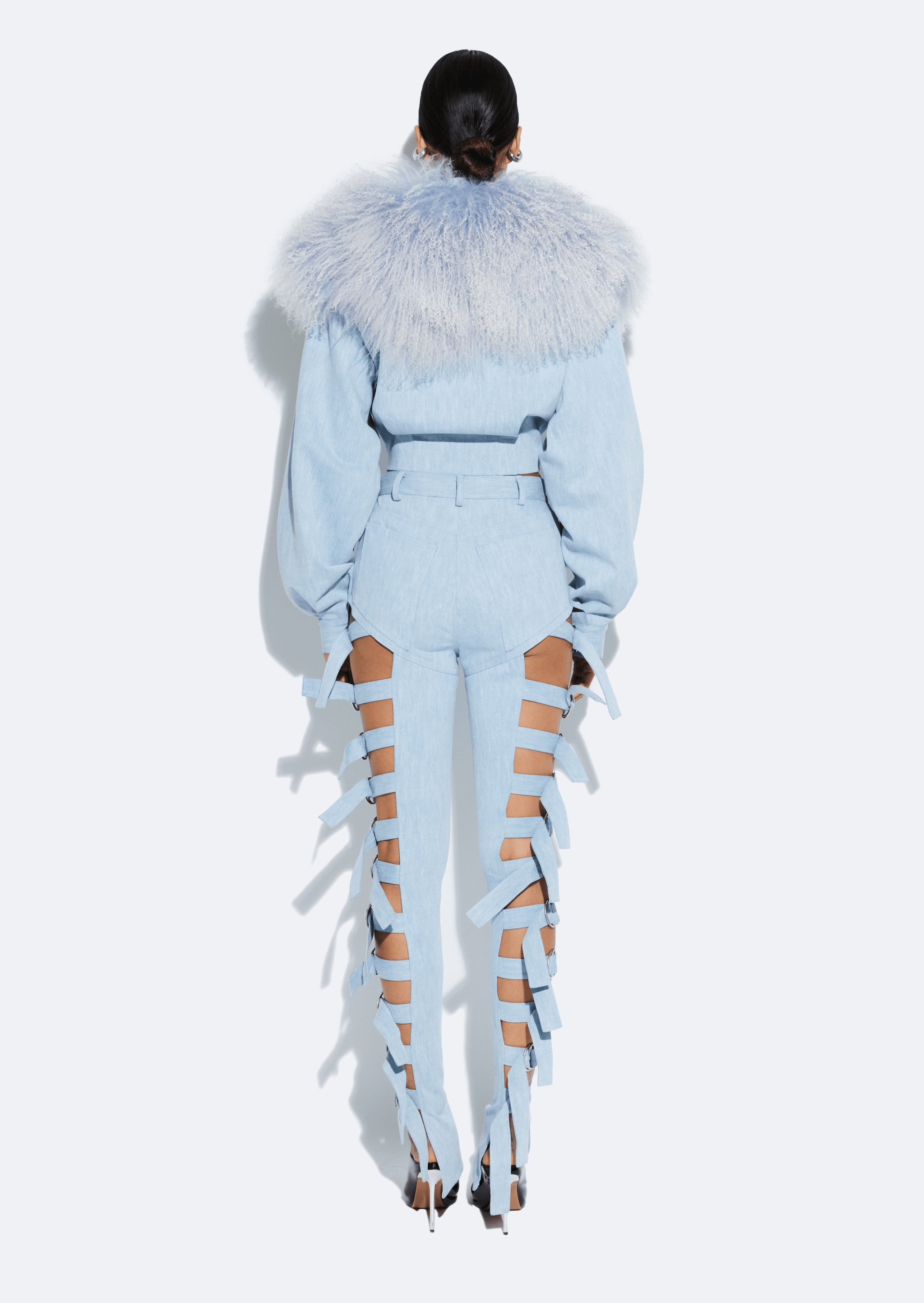 Washed Denim Biker Jacket With Shearling Collar in Light Washed Denim Biker Jacket With Shearling Collar in Light