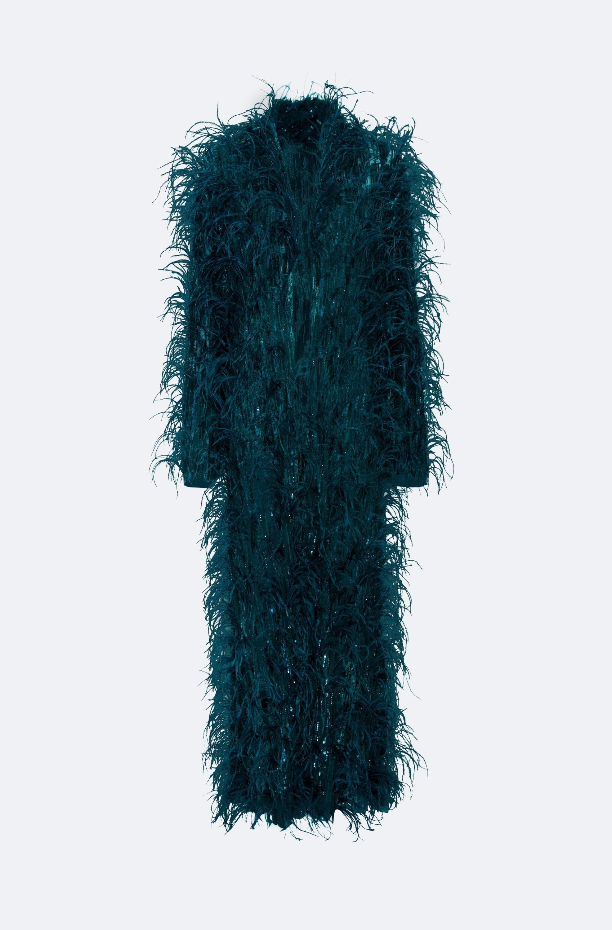 Cascading Feather Embellished Coat in Dark teal Blue | LAPOINTE