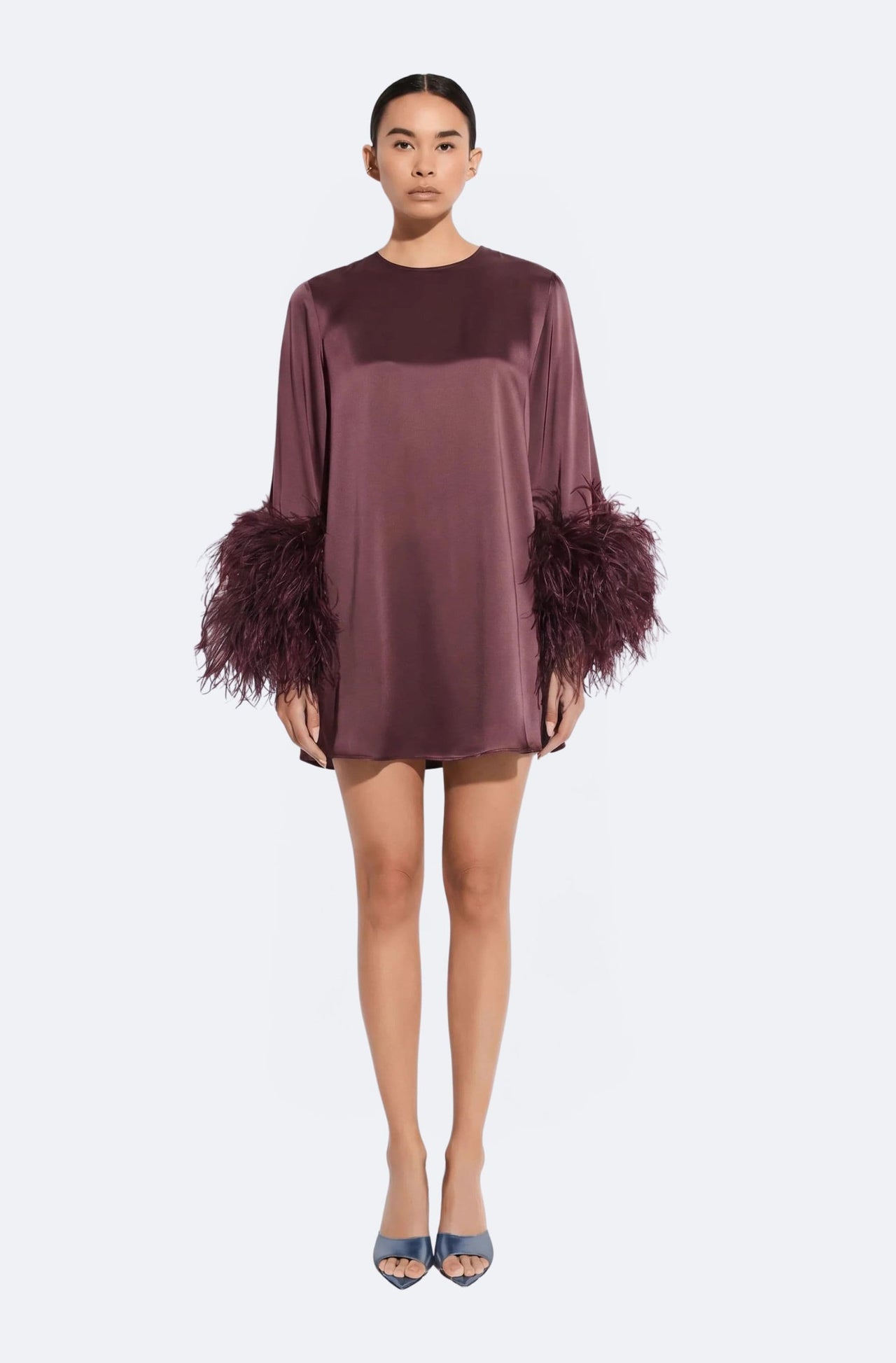Satin Shift Dress With Feathers