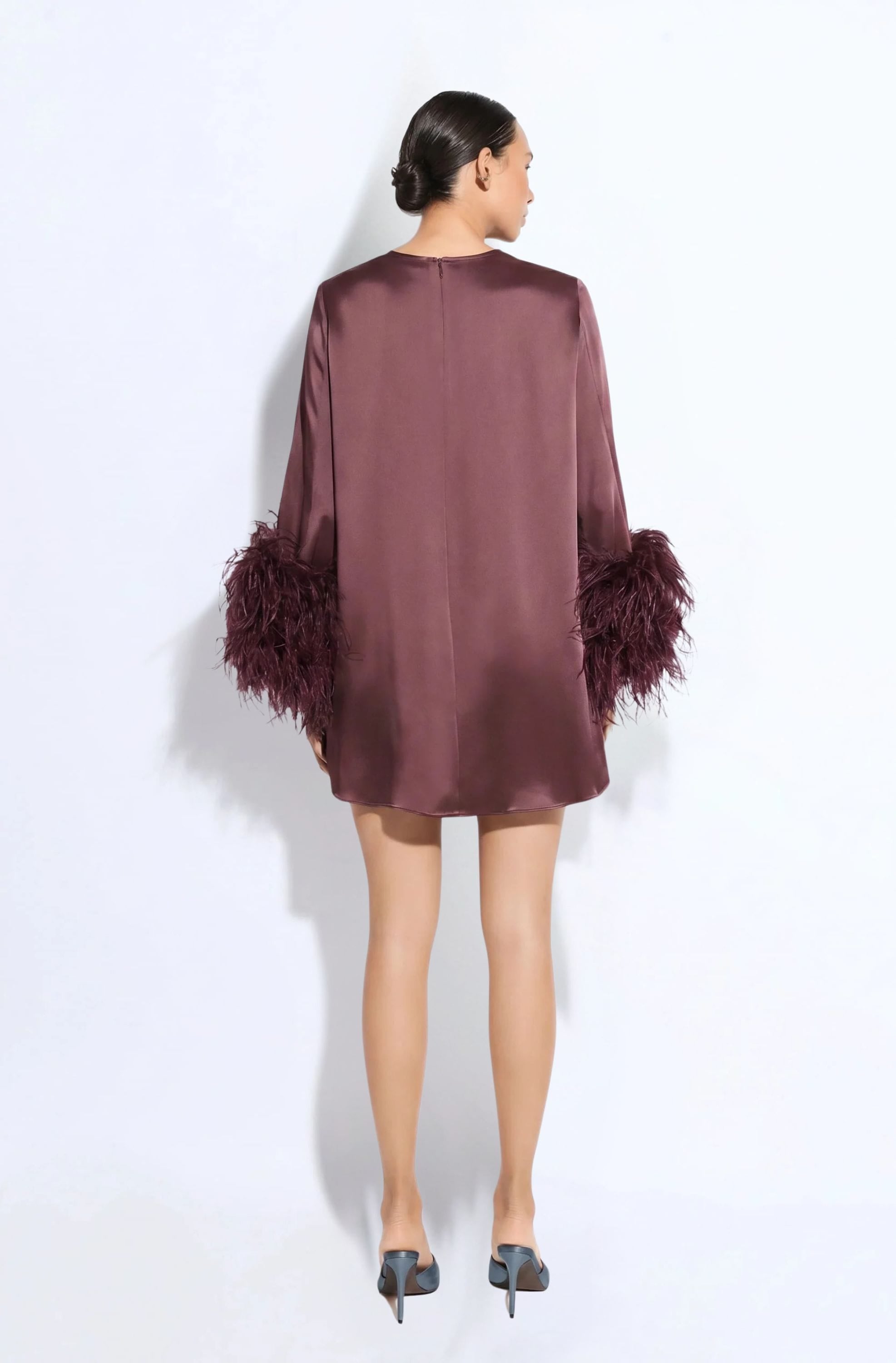 Satin Shift Dress With Feathers
