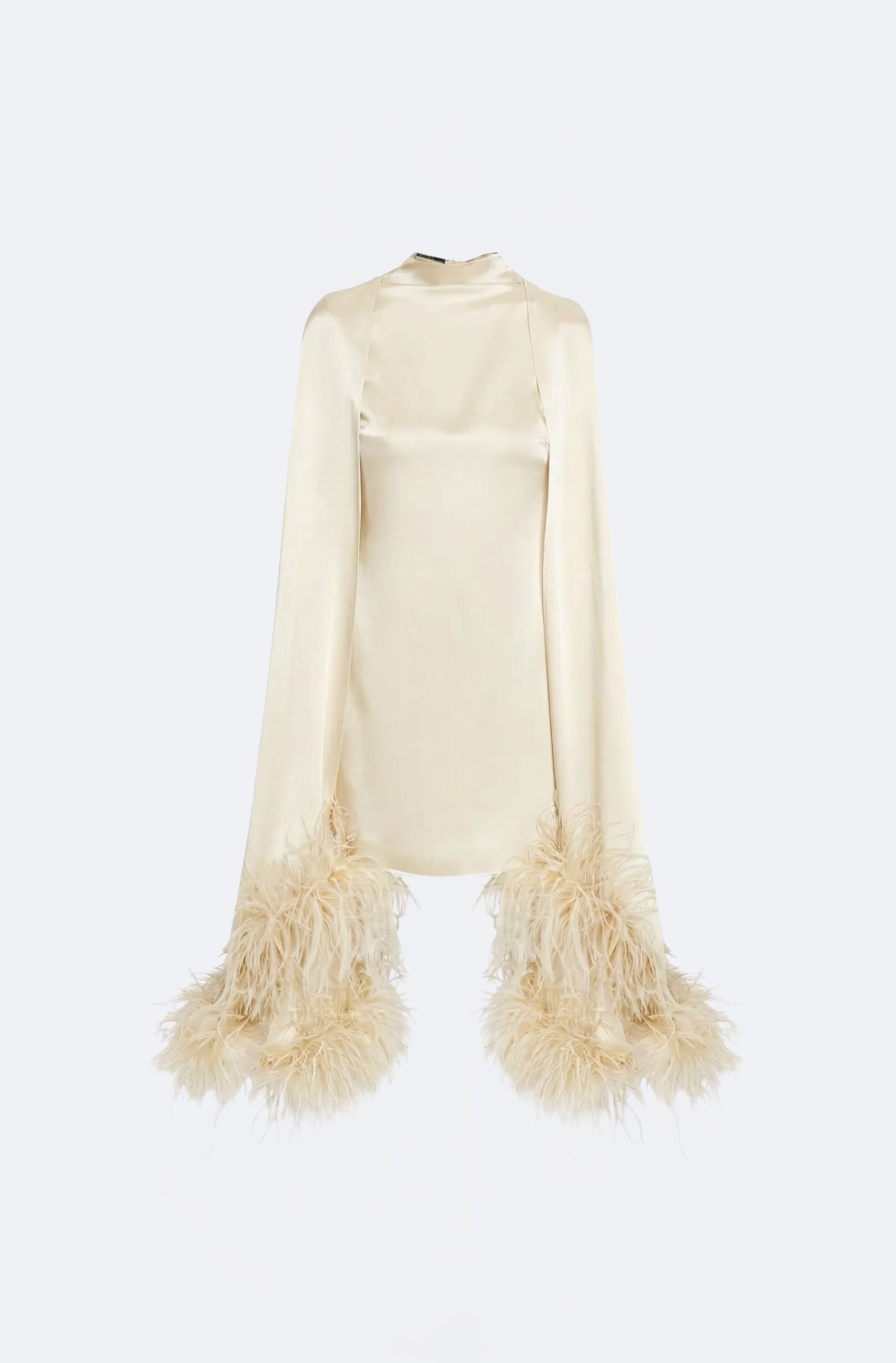 Satin Cape Sleeve Mini Dress With Feather
