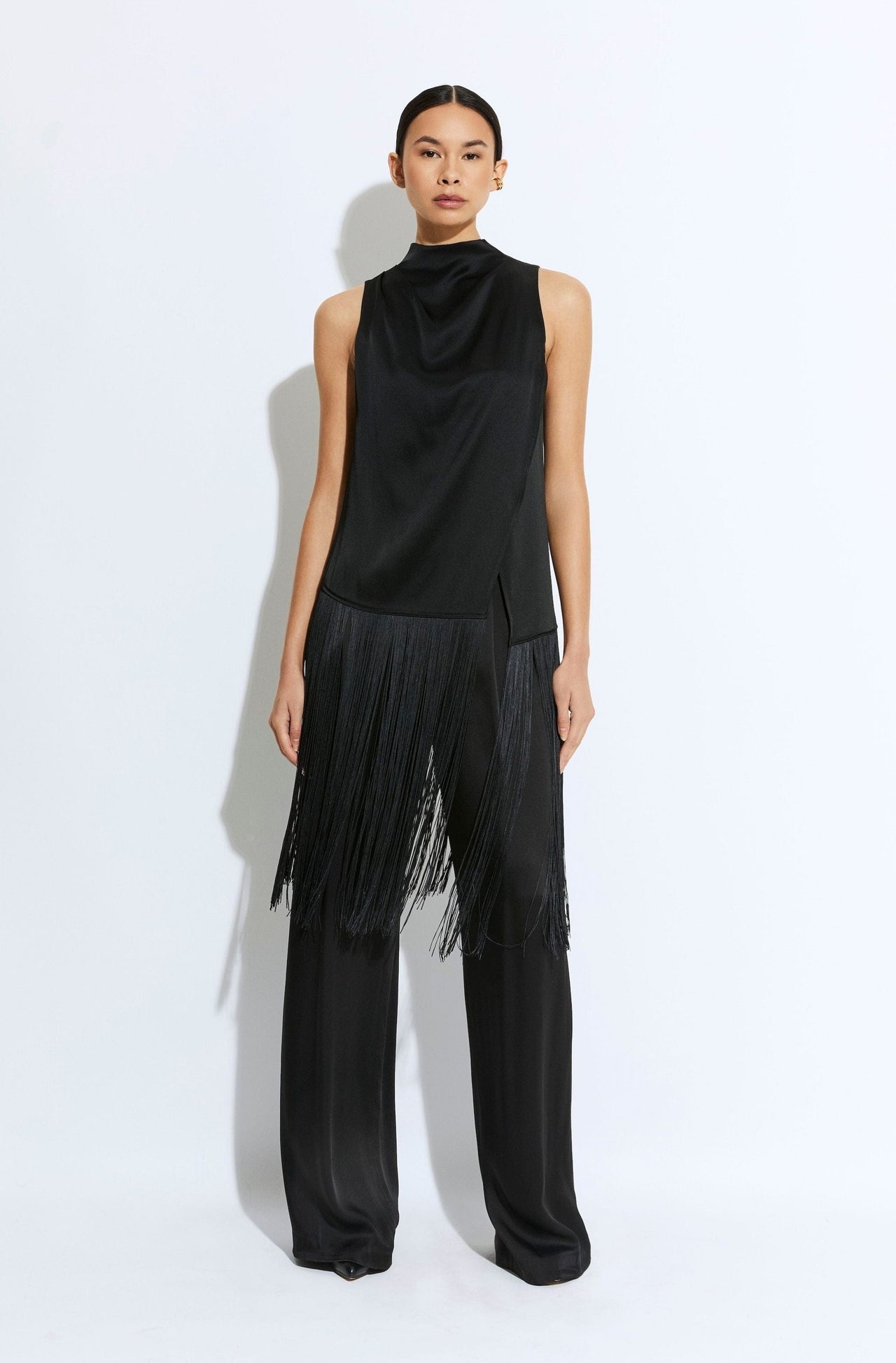 Satin Cowl Neck Fringe Top - LAPOINTE