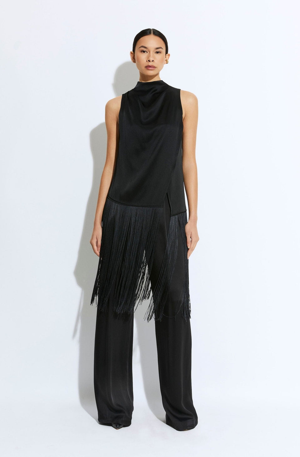 Satin Cowl Neck Fringe Top - LAPOINTE